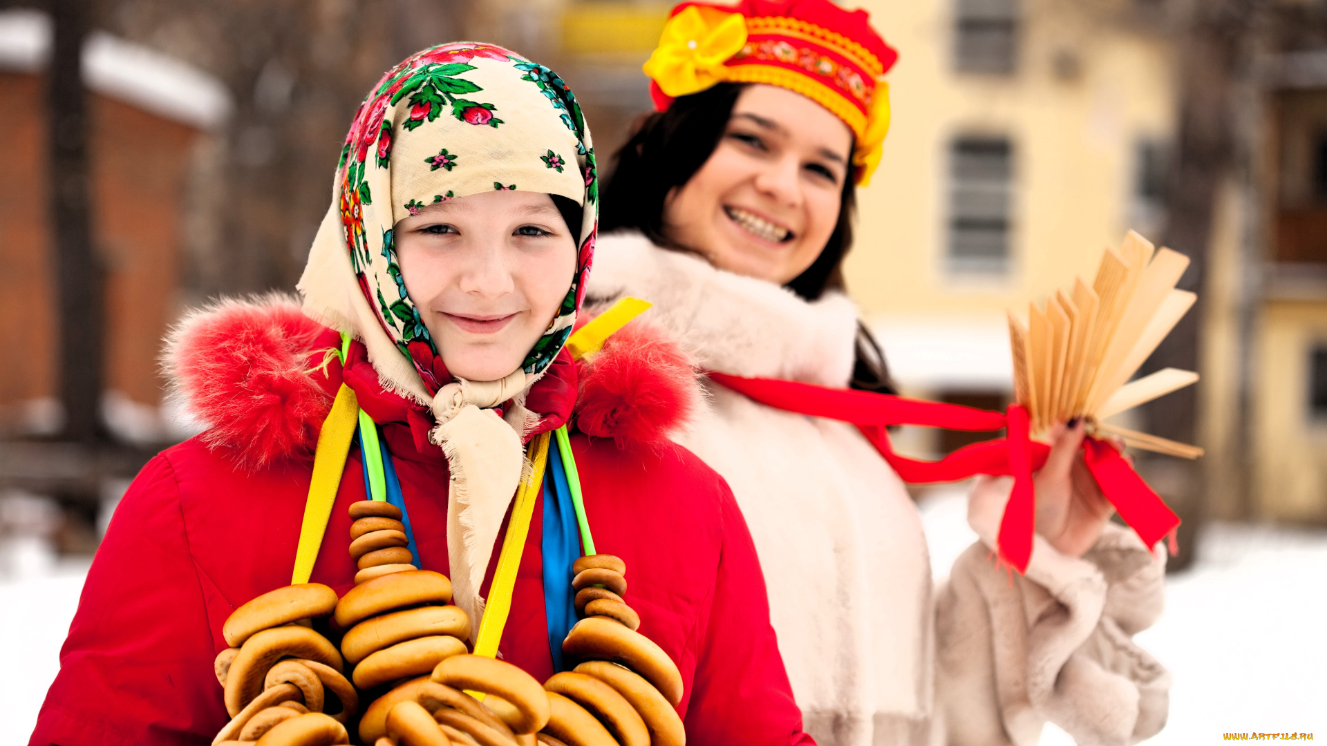 девушки, -, группа, девушек, женщины, бублики, трещотки, праздник