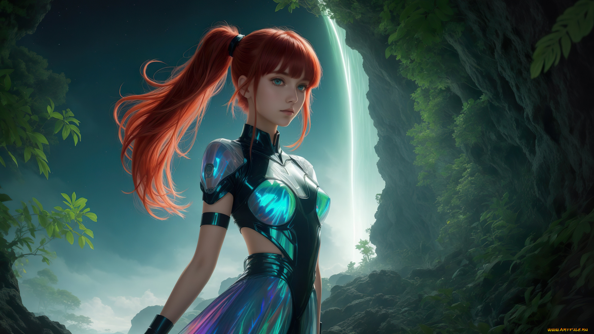 нейросеть, 3д, графика, фантазия, , fantasy, girl, red, hair, nature, art, painting, digital