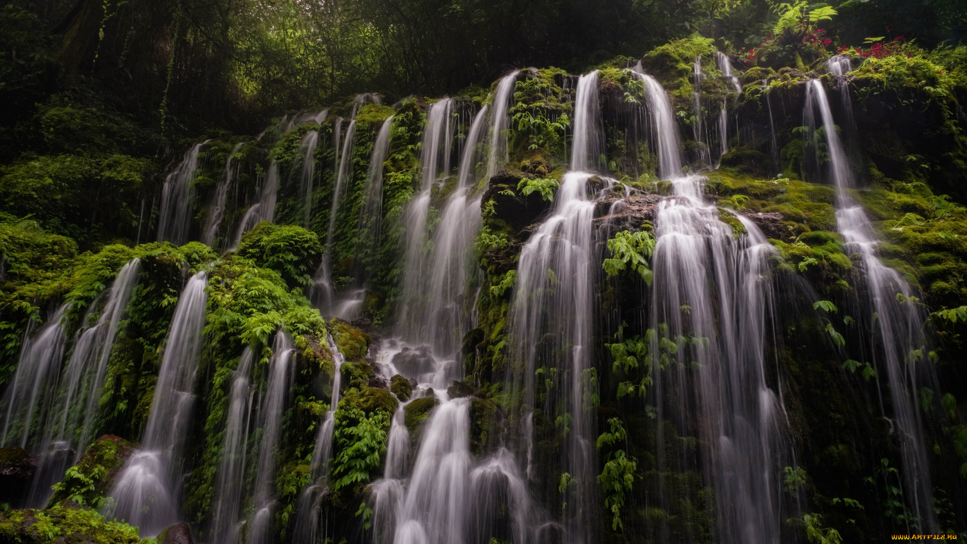 природа, водопады, лес, скалы, листва, водопад, каскад
