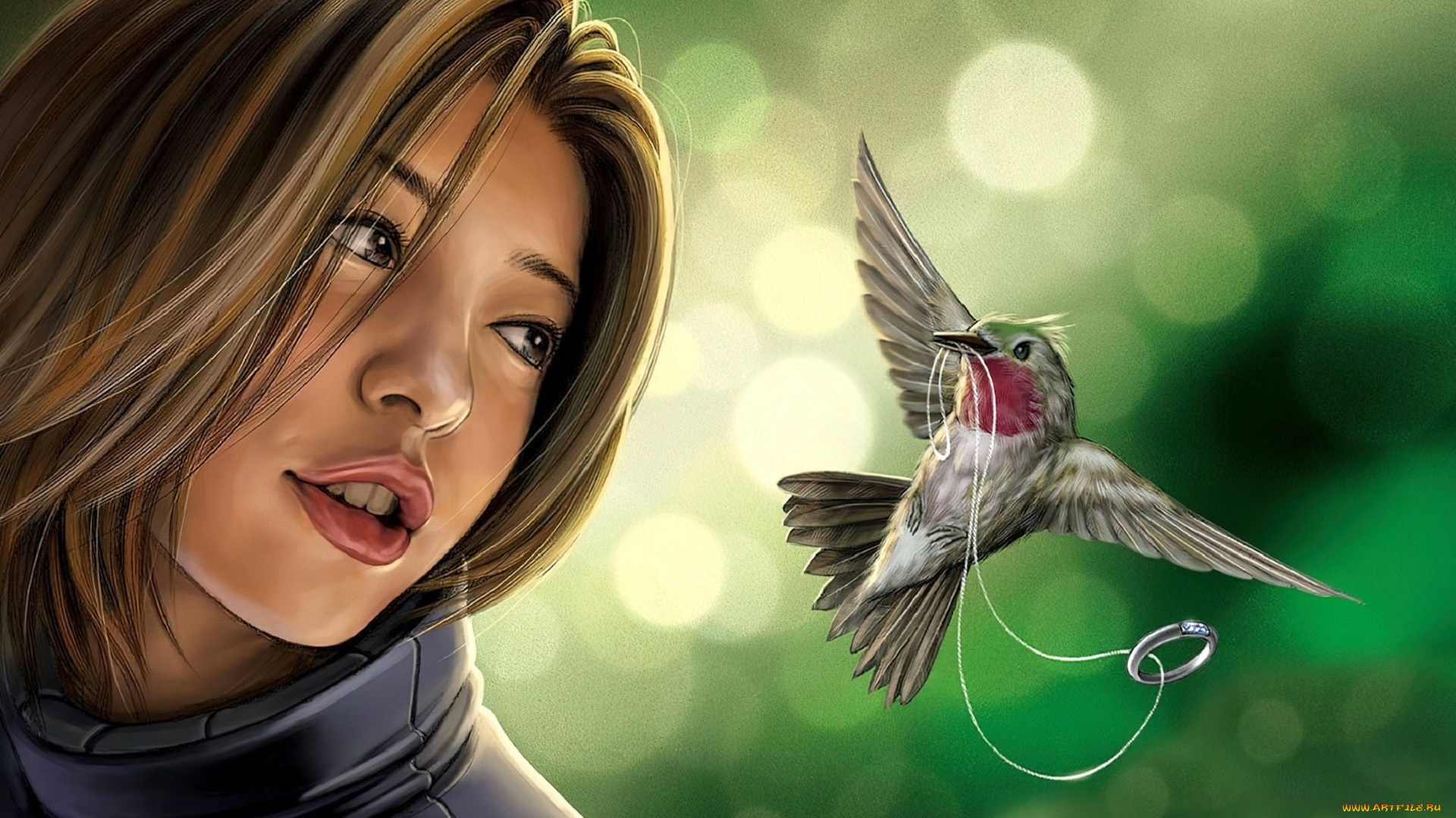 рисованное, люди, девушка, лицо, птица, колибри, кольцо