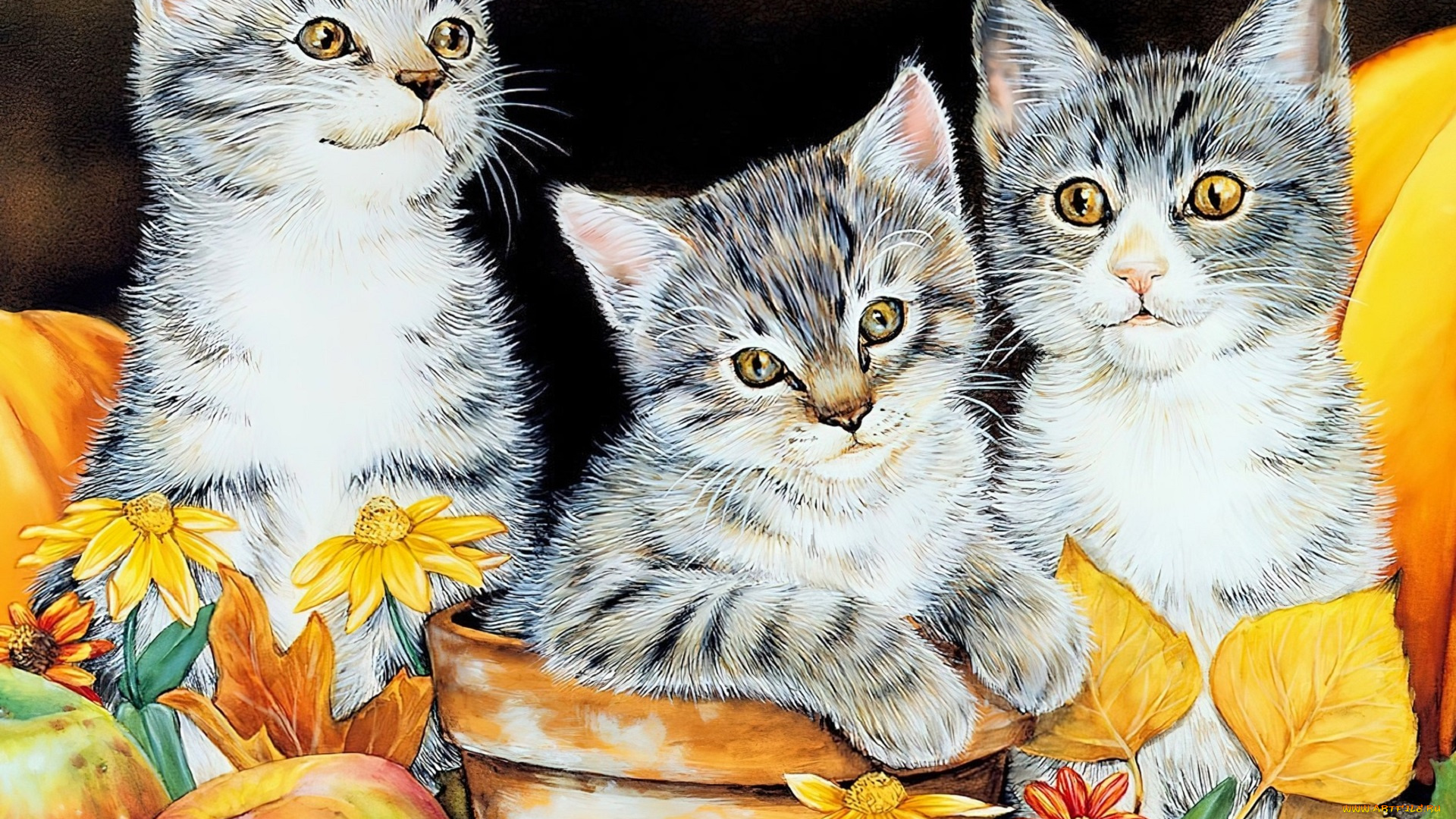 рисованное, животные, , коты, котята, горшок, цветы