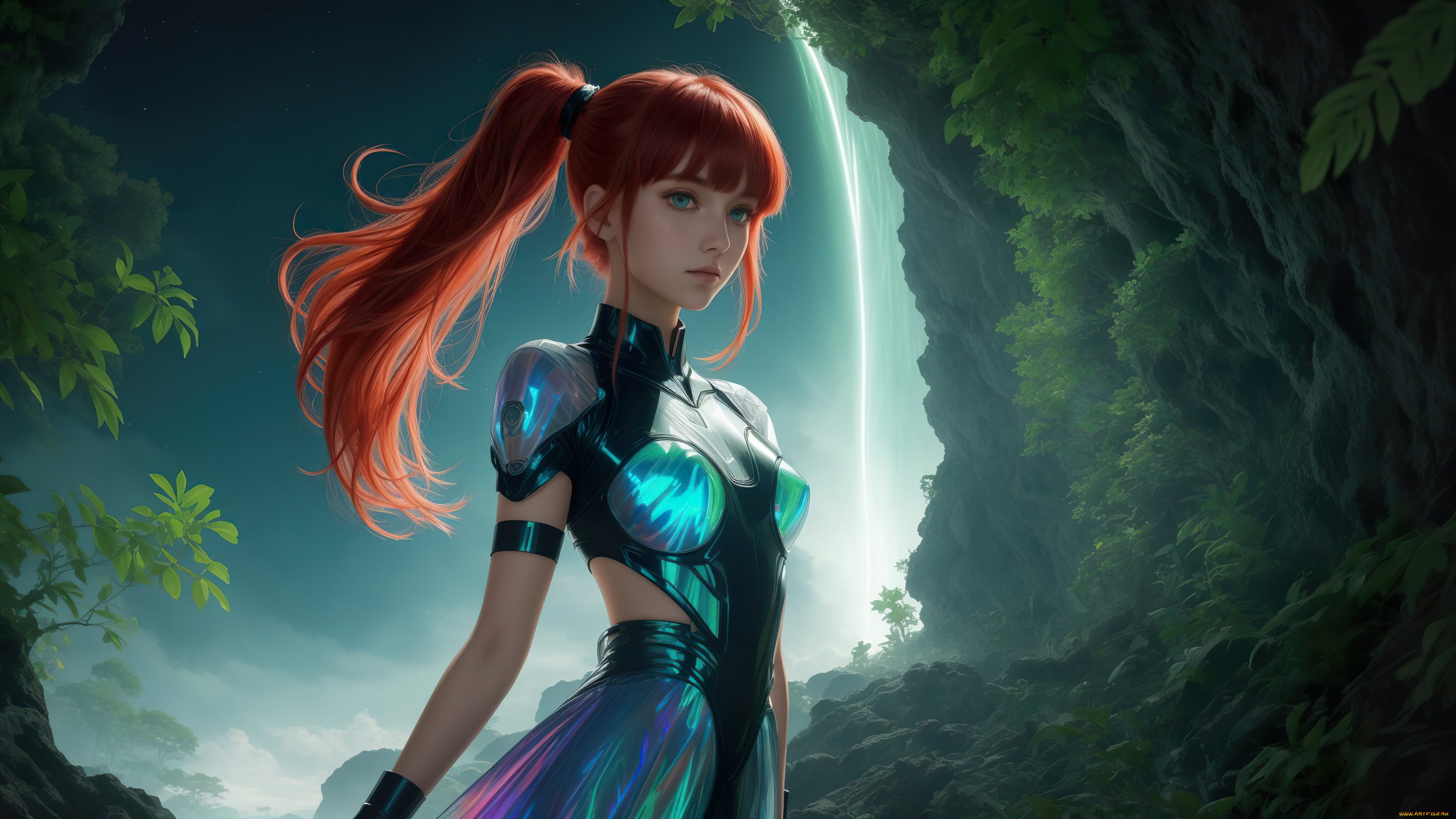нейросеть, 3д, графика, фантазия, , fantasy, girl, red, hair, nature, art, painting, digital