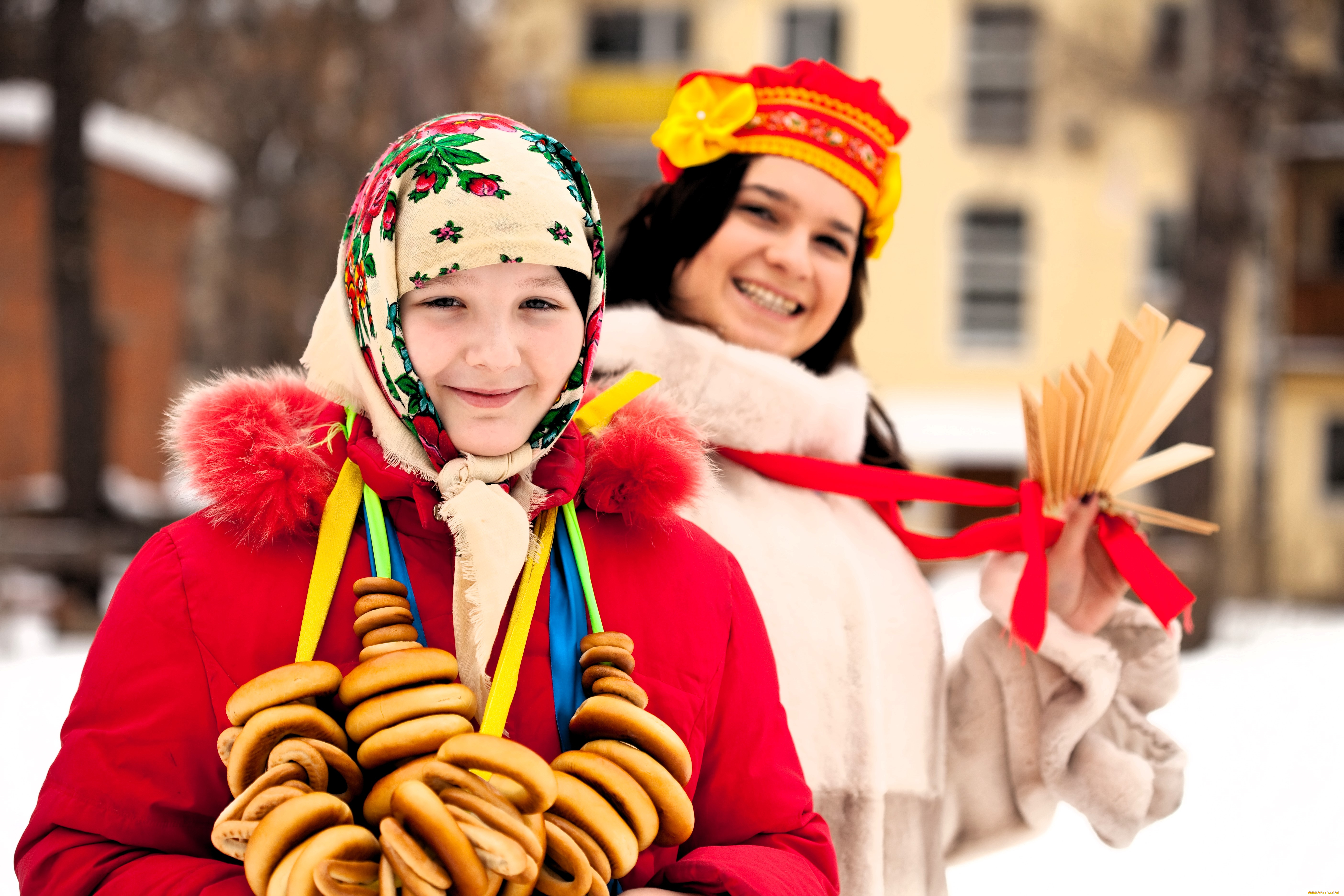 девушки, -, группа, девушек, женщины, бублики, трещотки, праздник