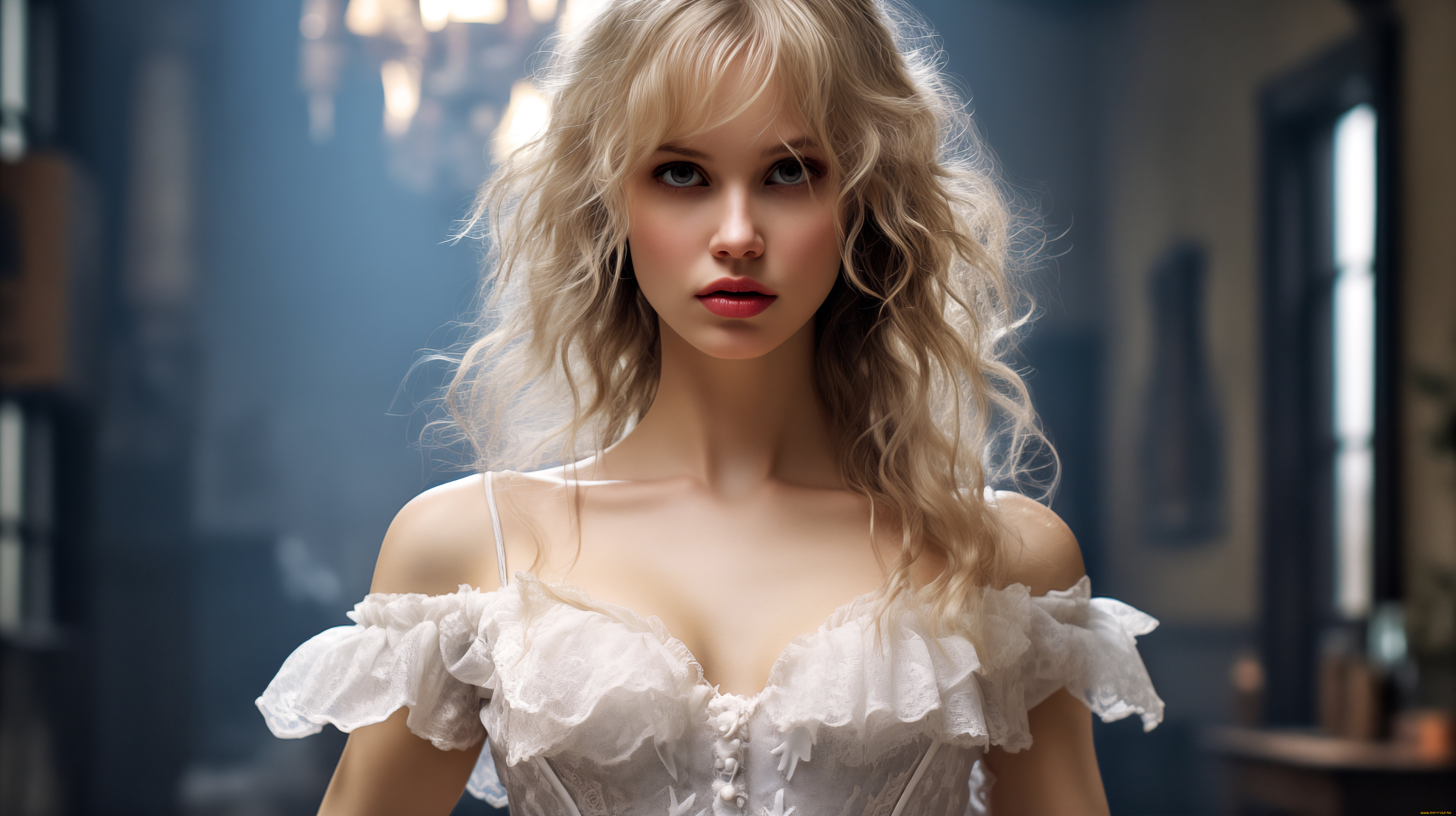 девушка, -, girl, 3д, графика, портрет, , portraits, взгляд, девушка, портрет, блондинка, белое, платье, сарафан, ии-арт, нейросеть