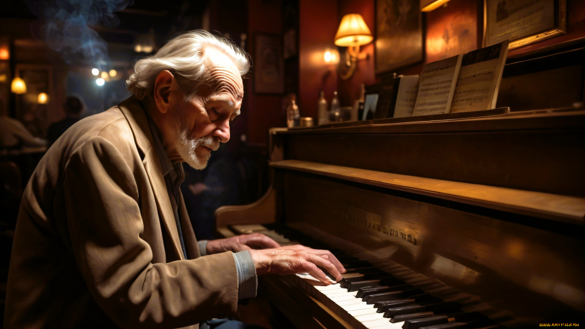 3д, графика, люди, , people, старик, музыкант, пианино