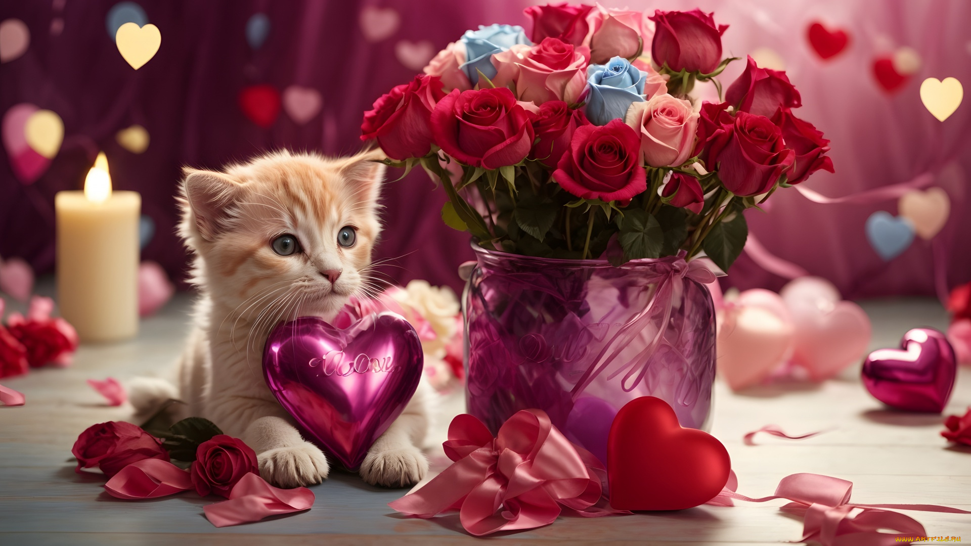 праздничные, день, святого, валентина, , сердечки, , любовь, розы, сердечки, котенок, банты