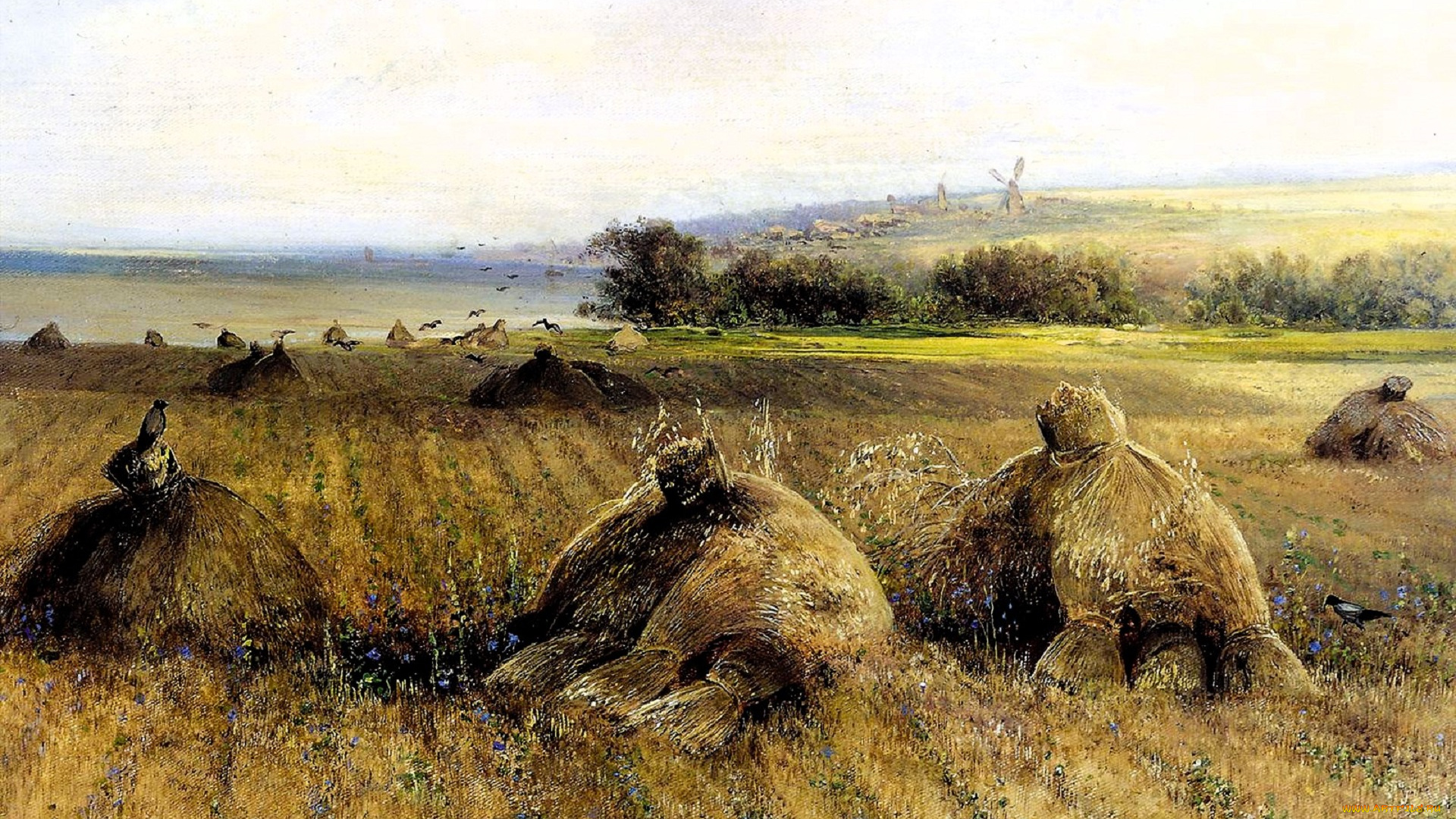 рисованное, алексей, саврасов, поле, сено, птицы