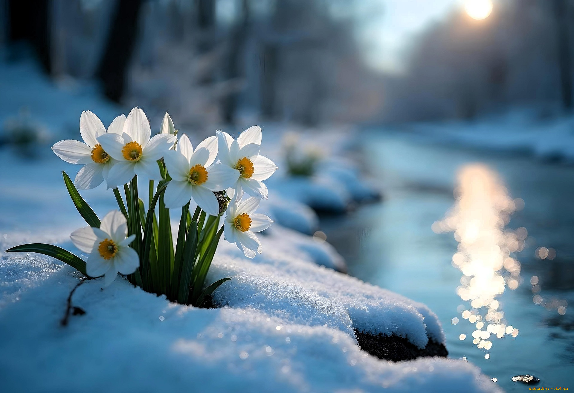 3д, графика, цветы, , flowers, цветы, снег, река, нарциссы