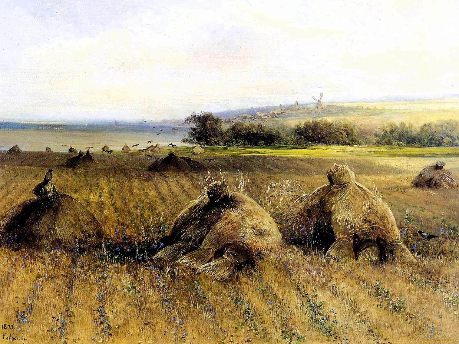 рисованное, алексей, саврасов, поле, сено, птицы