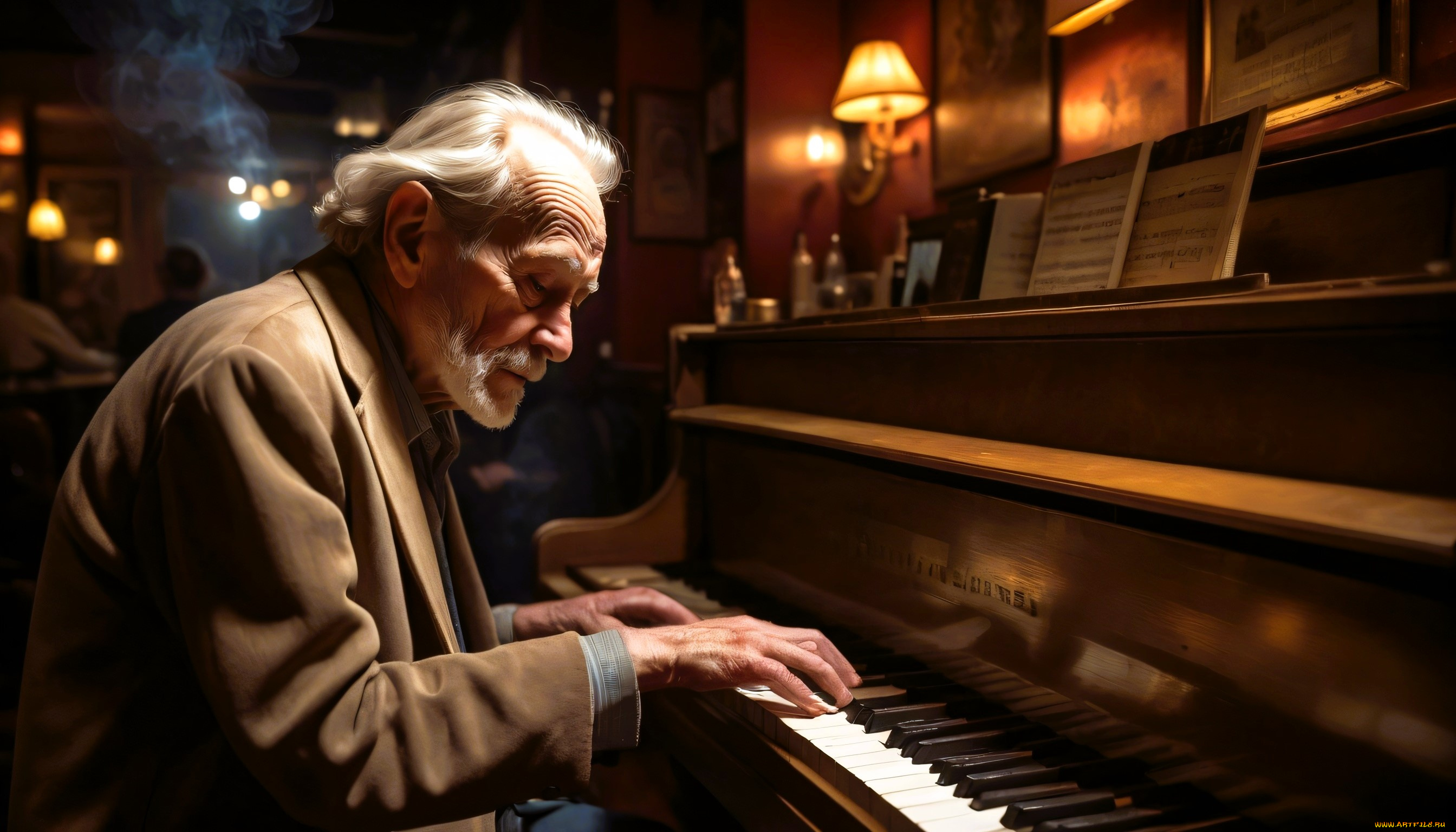 3д, графика, люди, , people, старик, музыкант, пианино