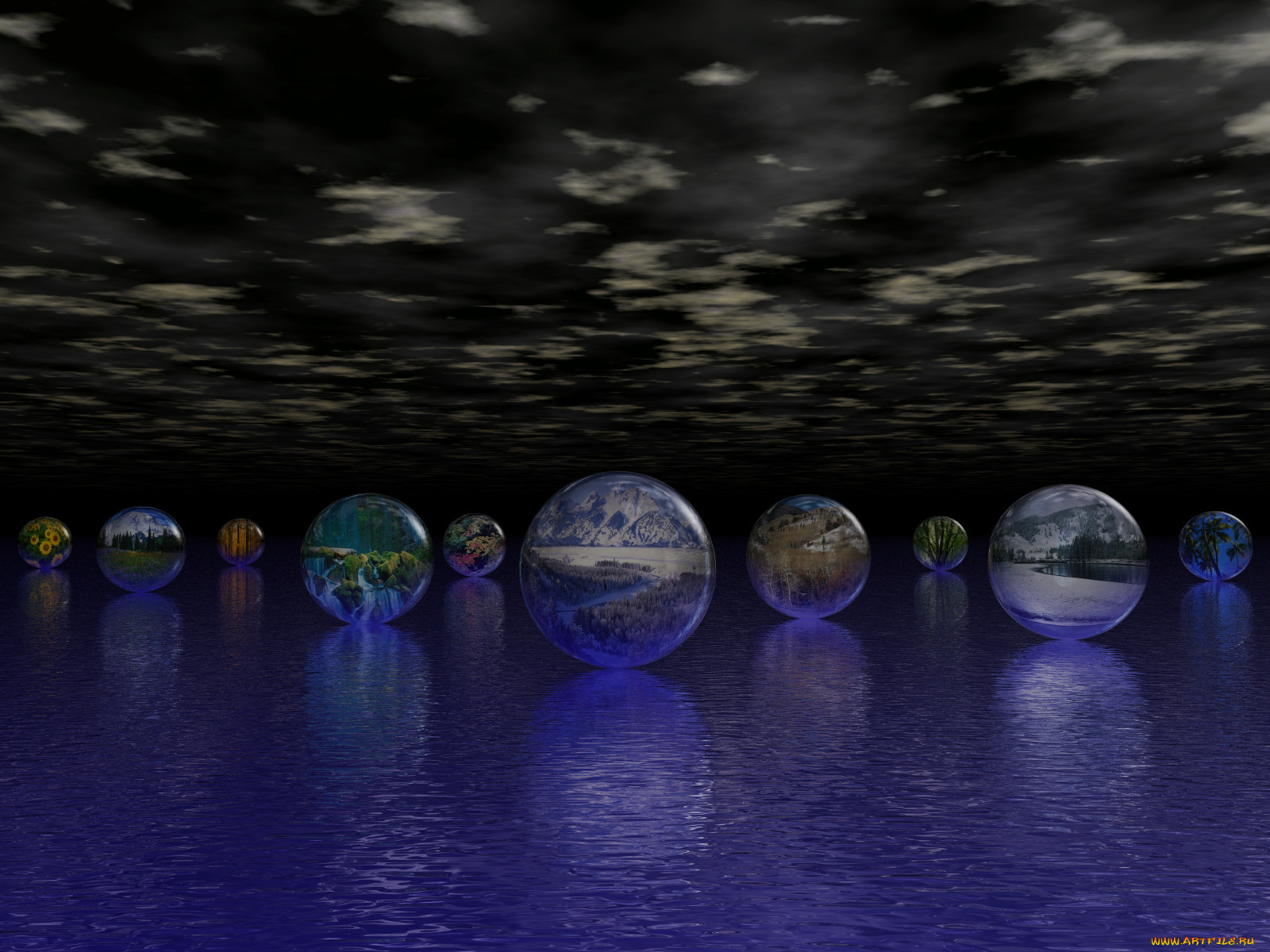 3д, графика, nature, landscape, природа, шары, вода, облака