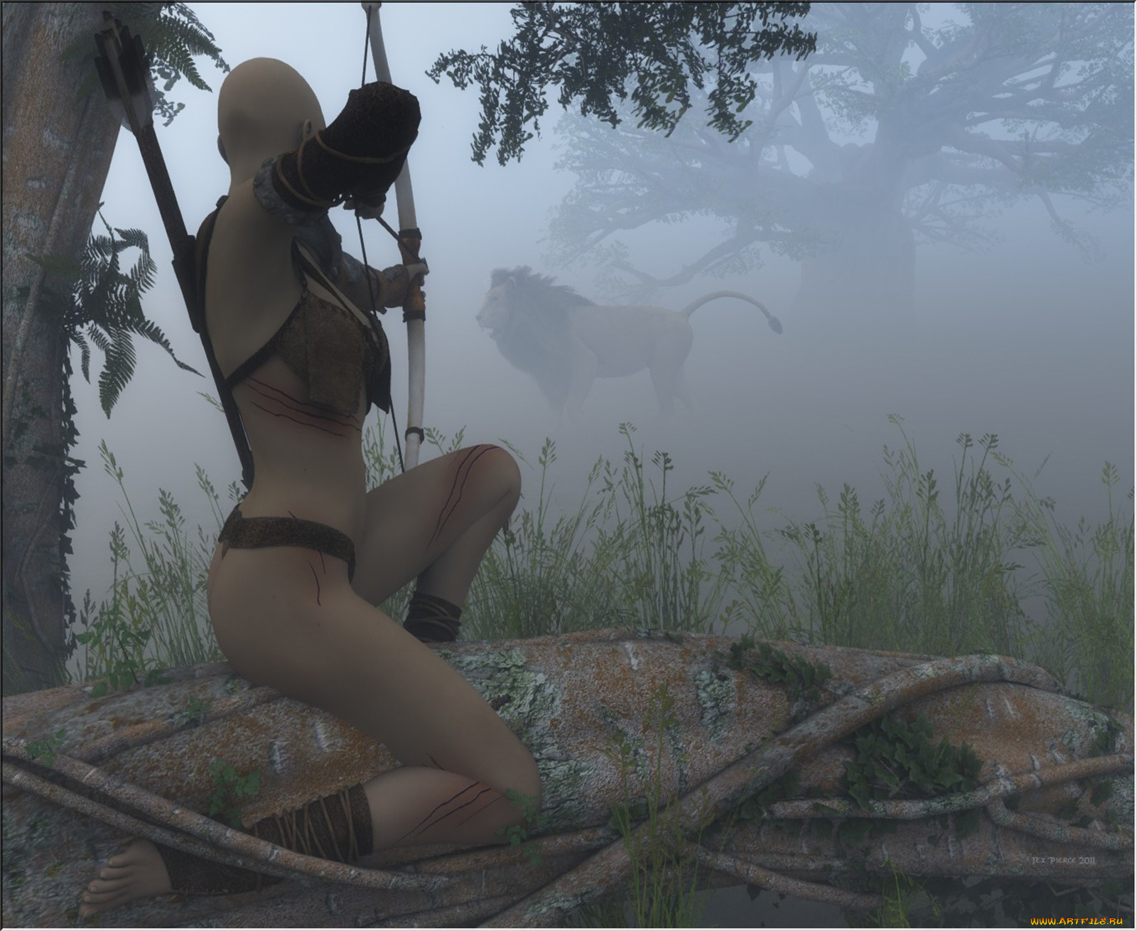 3д, графика, people, люди, охота, лук, лев