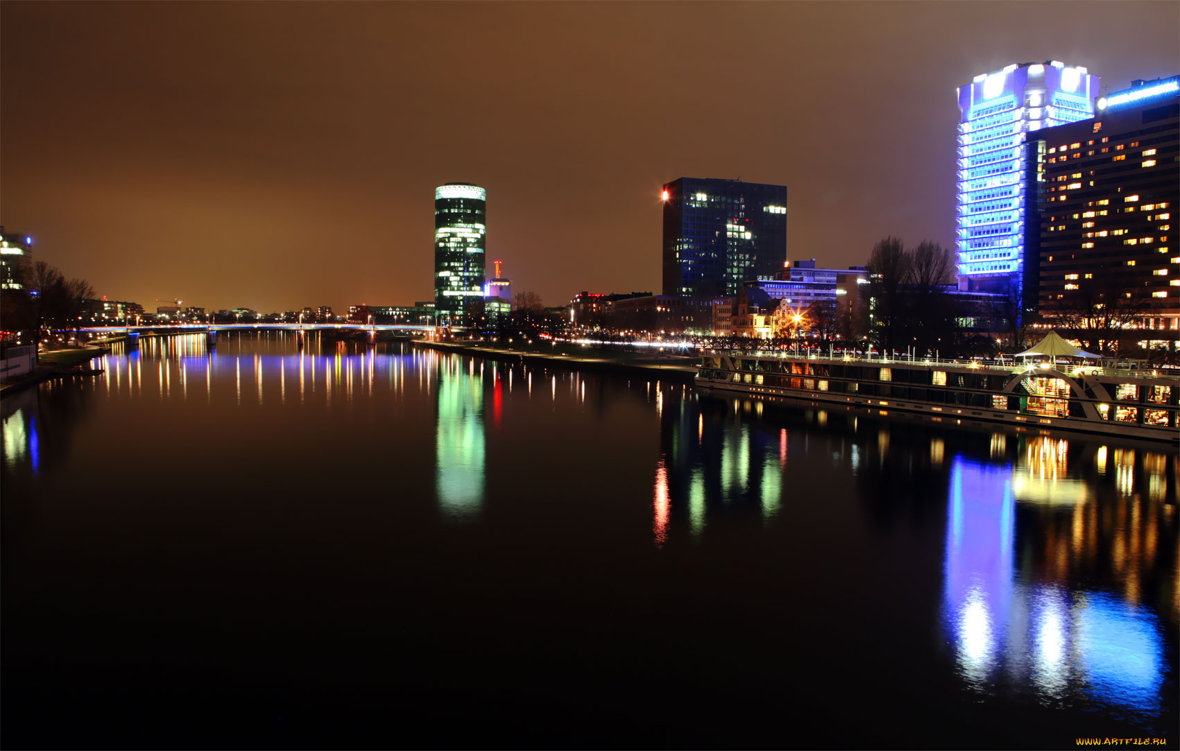 frankfurt, города, огни, ночного, германия