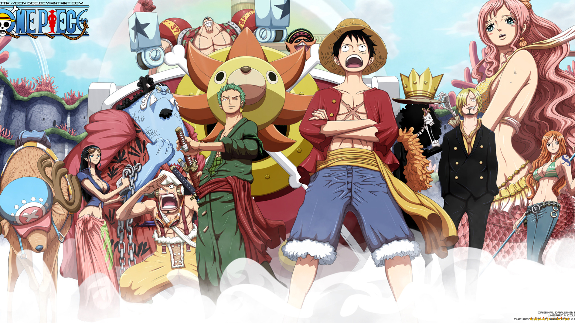 аниме, one, piece, brook, usopp, roronoa, zoro, tony, chopper, sanji, nami, monkey, d, luffy, nico, robin, shirahoshi, franky