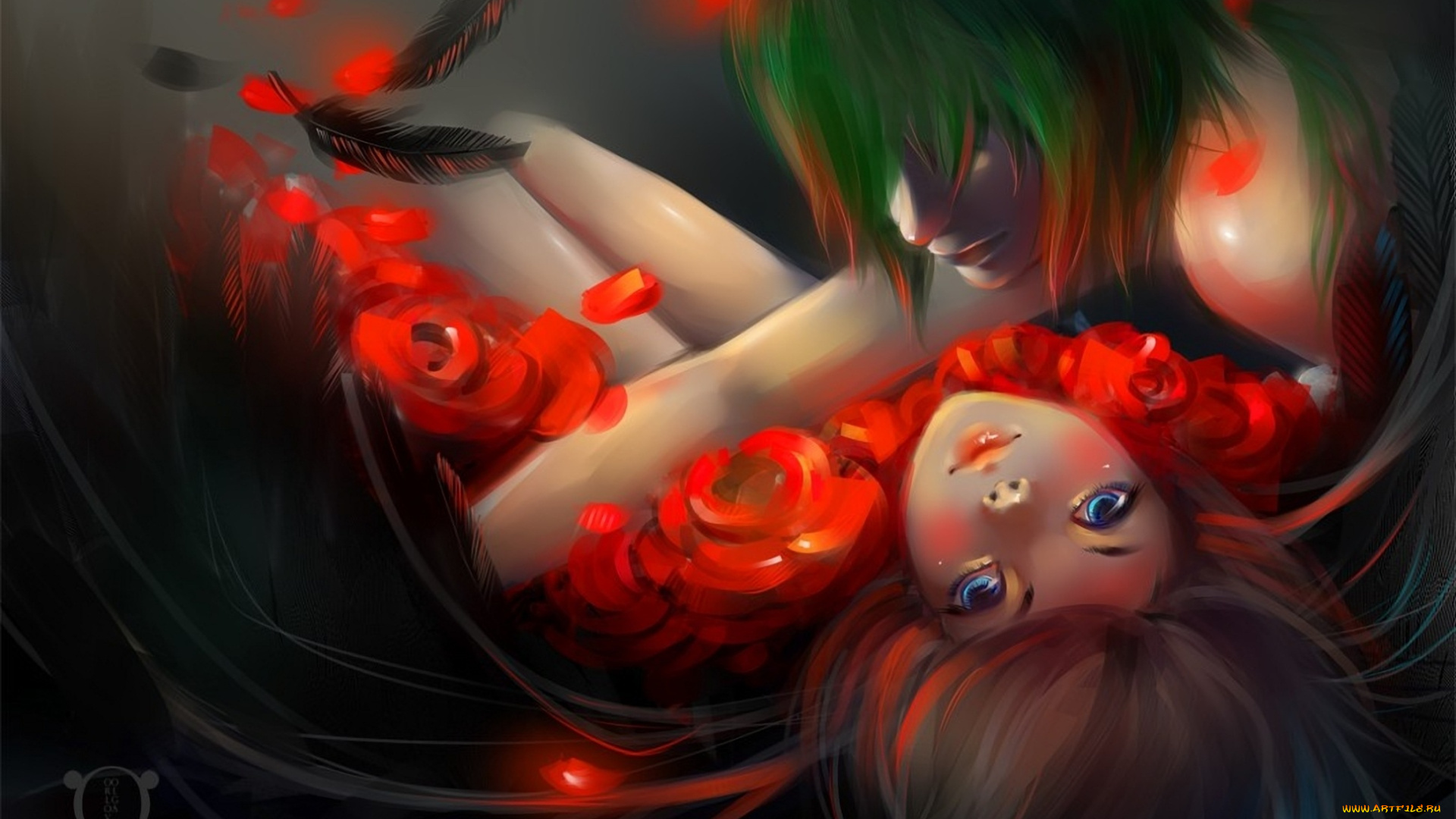 аниме, *unknown, другое, розы, перья, голубые, глаза, девушки