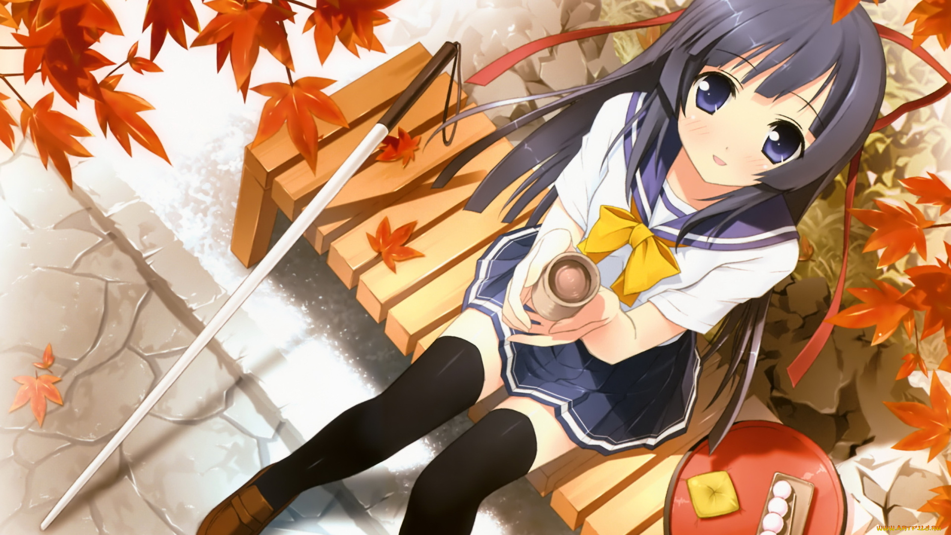 аниме, *unknown, другое, школьница, девочка, сидит, осень, обед