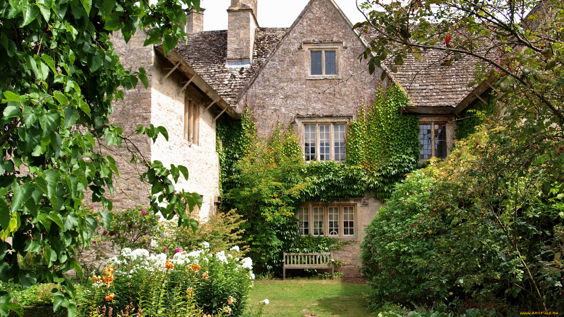 города, здания, дома, деревья, цветы, скамейка, дом