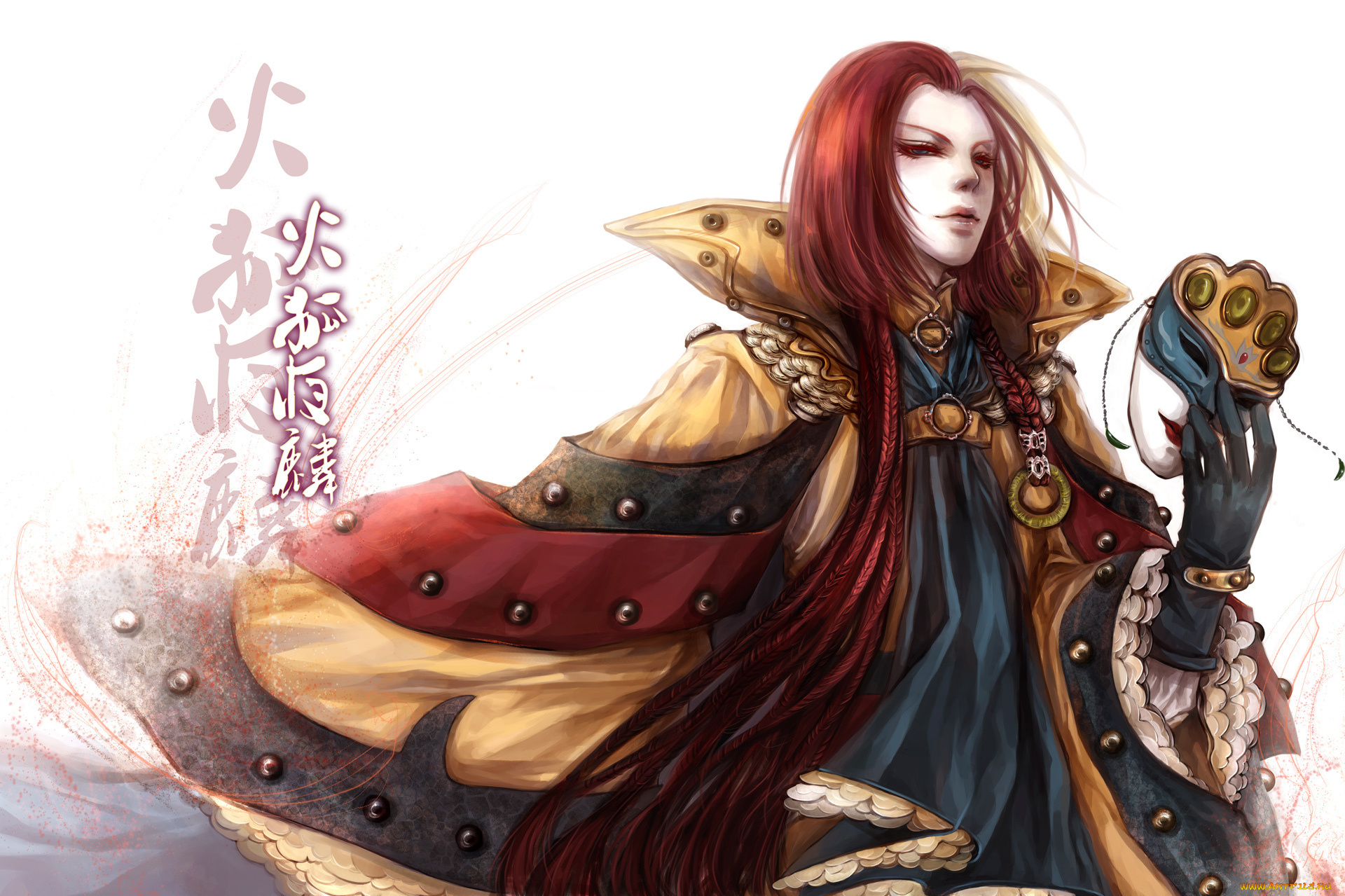 аниме, *unknown, другое, перчатки, маска, парень, плащ, надпись, иероглиф, венецианская