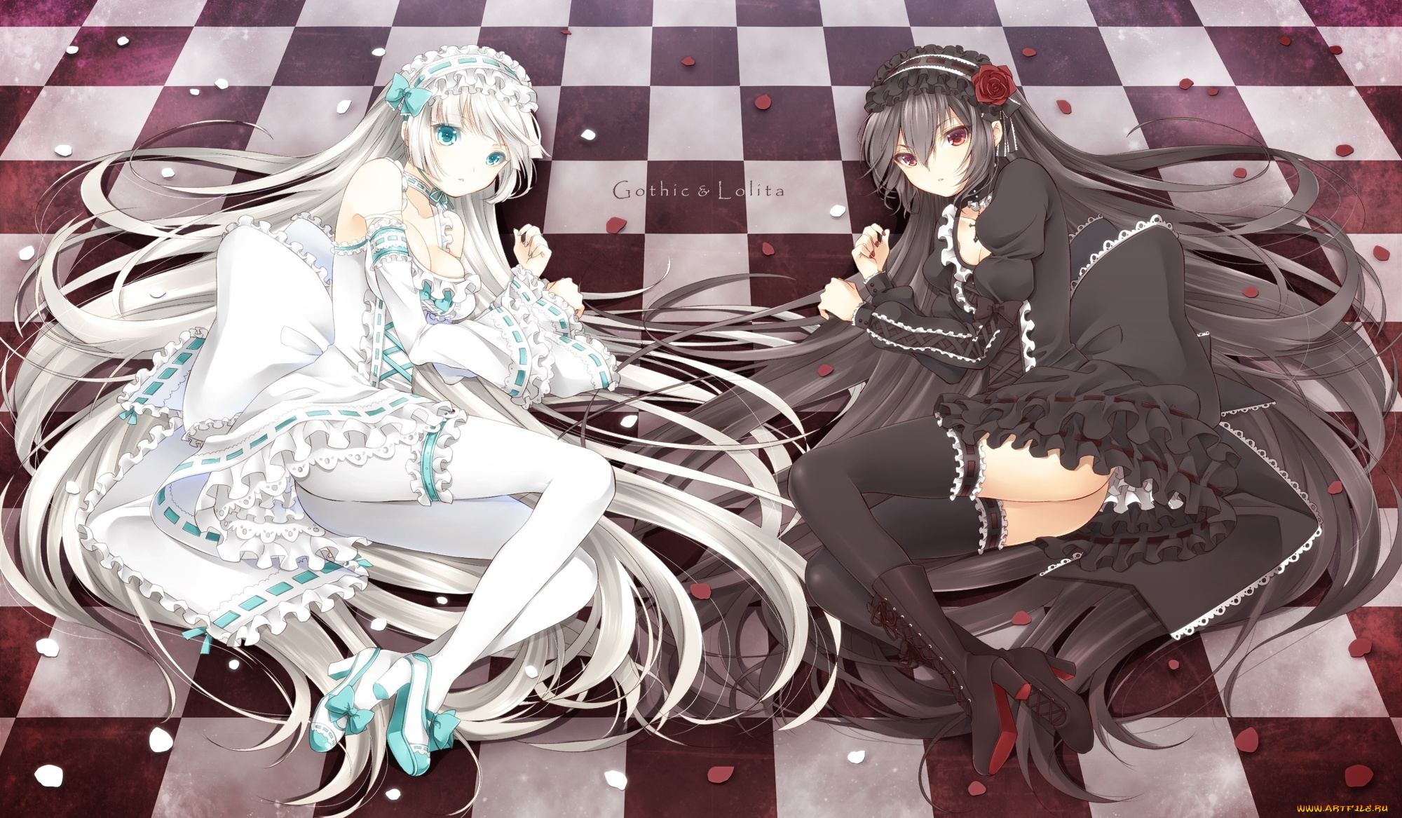 аниме, pandora, hearts, чулки, цветы, две, девушки, платье, лёжа, лепестки