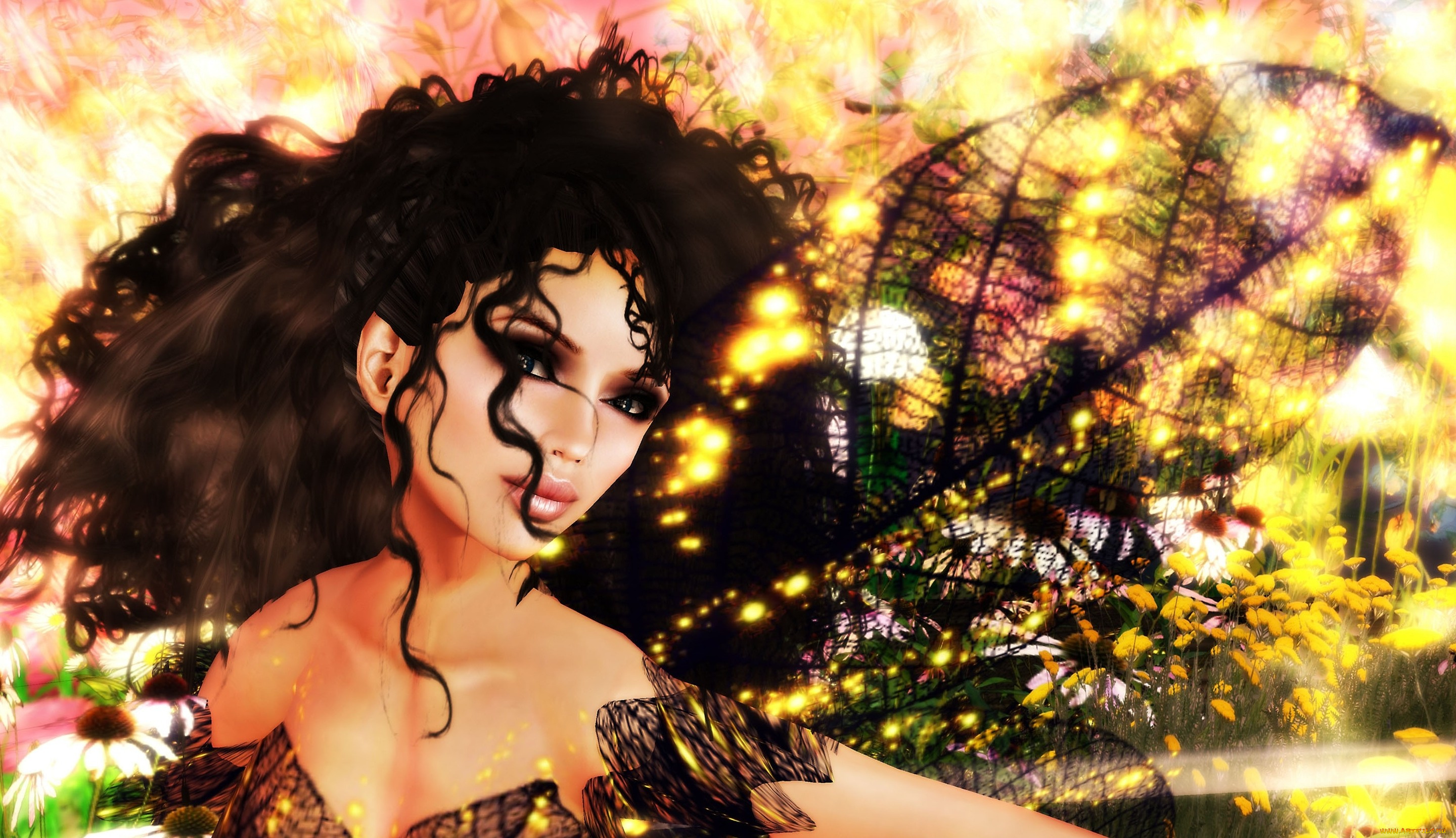 3д, графика, portraits, портрет, цветы, листок, девушка, кудри