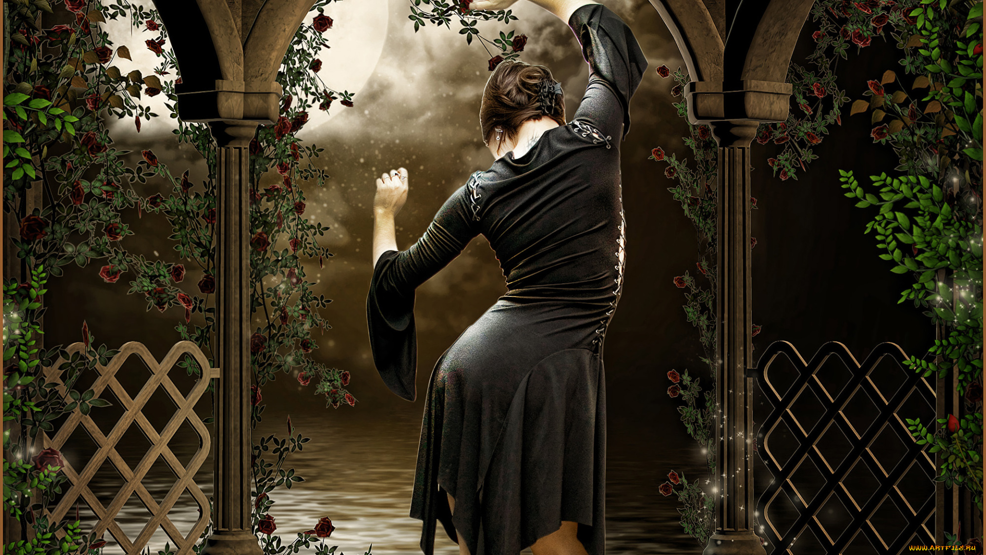 3д, графика, people, люди, кошка, гитара, колодец, дерево, бабочки, косынка, цветы, трава, пруд, гриб