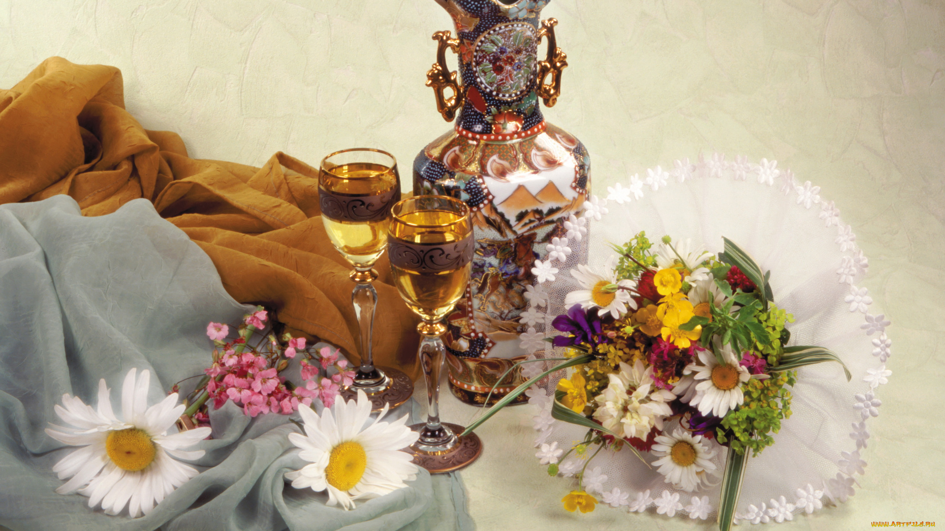 еда, напитки, вино, бокалы, букет, ромашки
