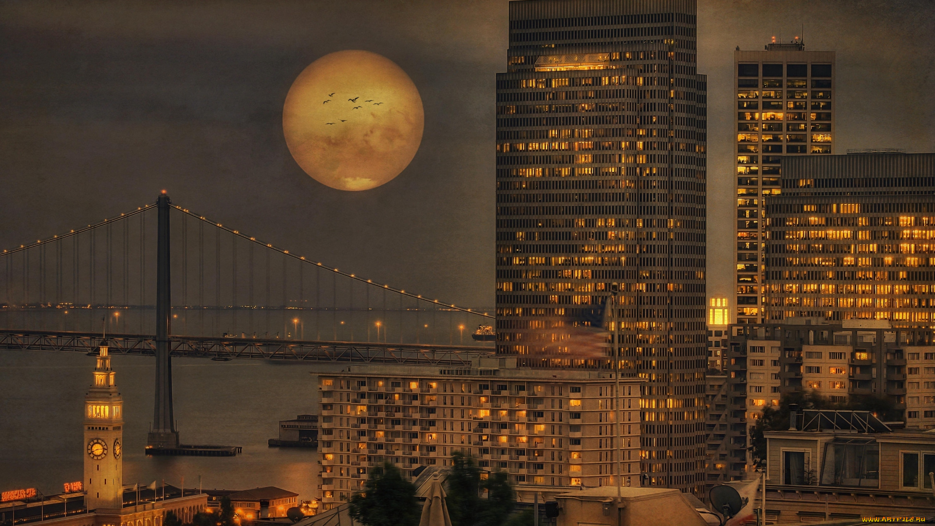 города, сан, франциско, сша, здания, мост, луна, ночь