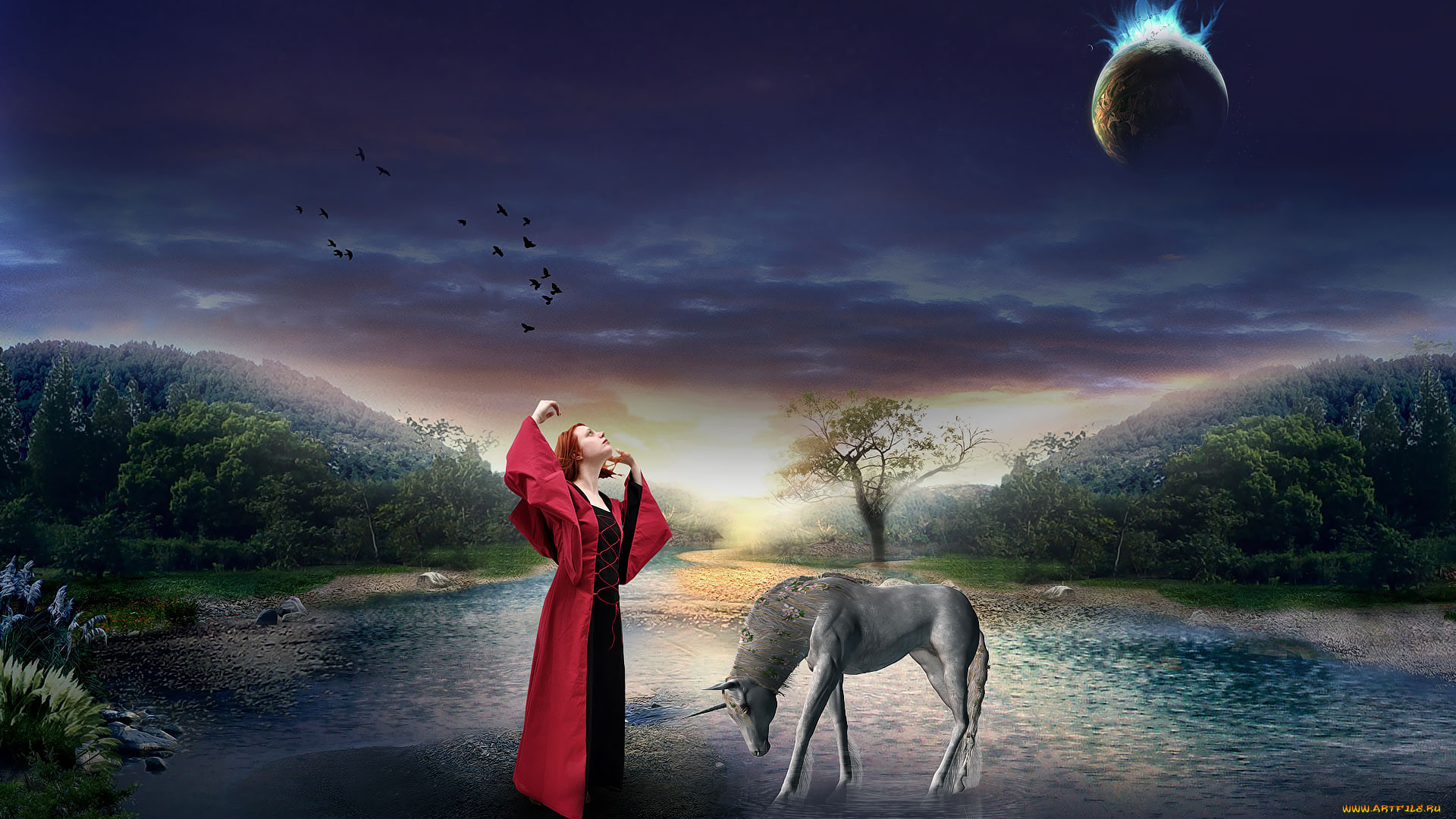 разное, компьютерный, дизайн, дерево, река, единорог, планета, птицы