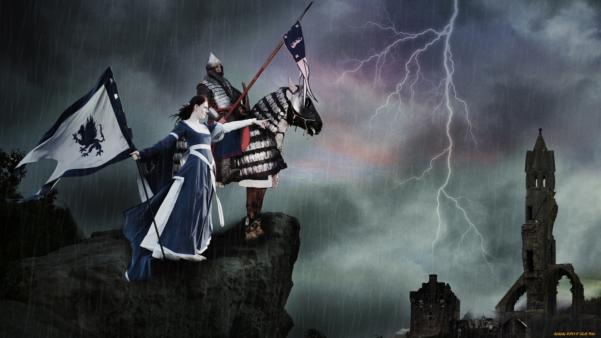 разное, компьютерный, дизайн, рыцарь, доспехи, замок, молния, конь, копье, флаг, башня
