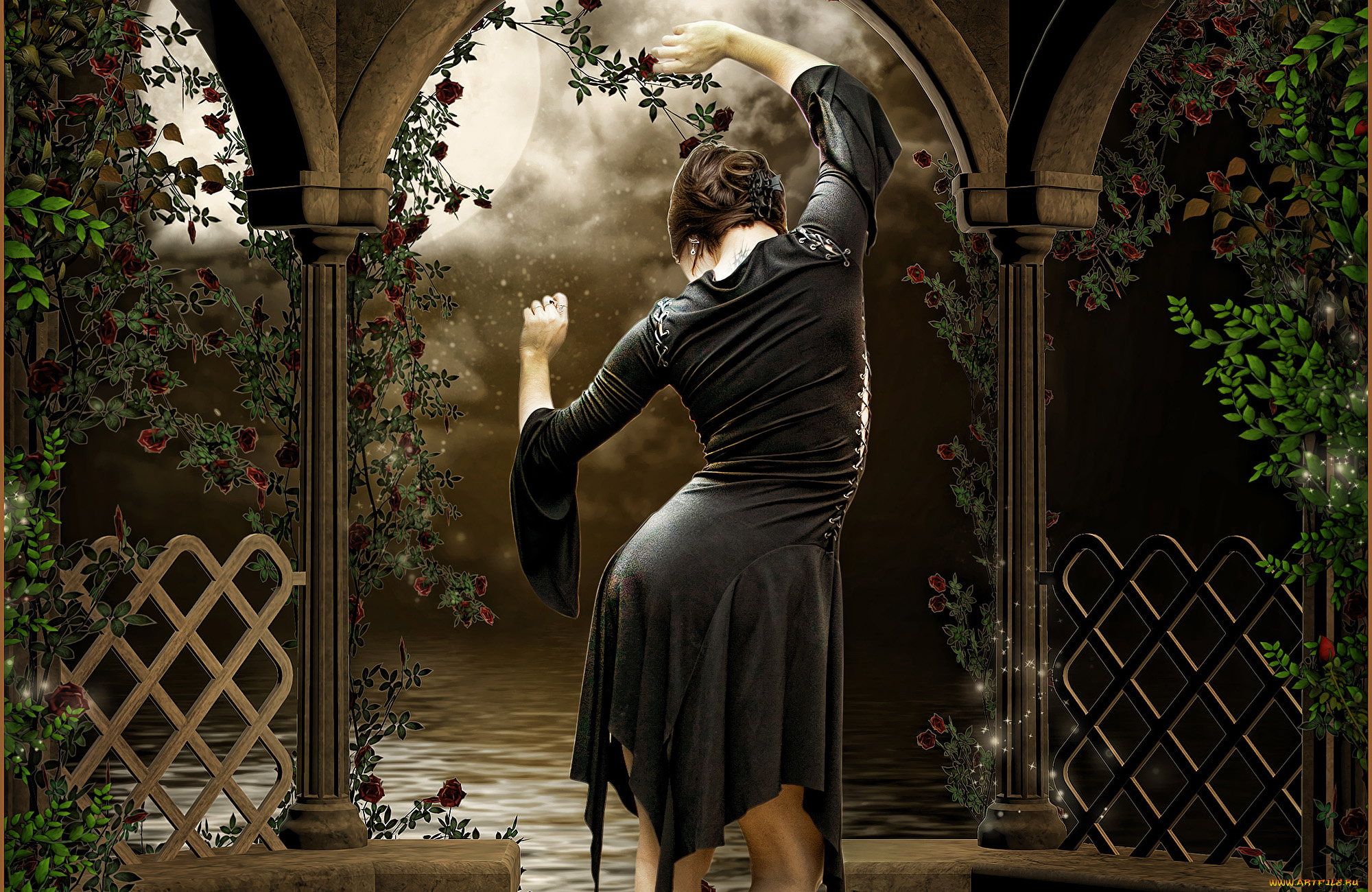 3д, графика, people, люди, кошка, гитара, колодец, дерево, бабочки, косынка, цветы, трава, пруд, гриб