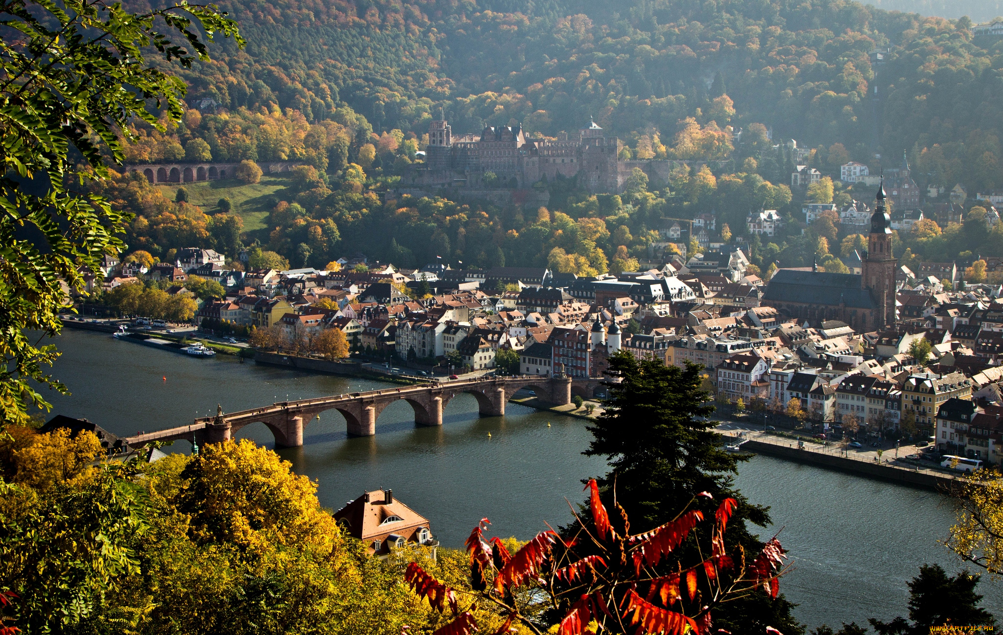гейдельберг, германия, города, мост, река, здания