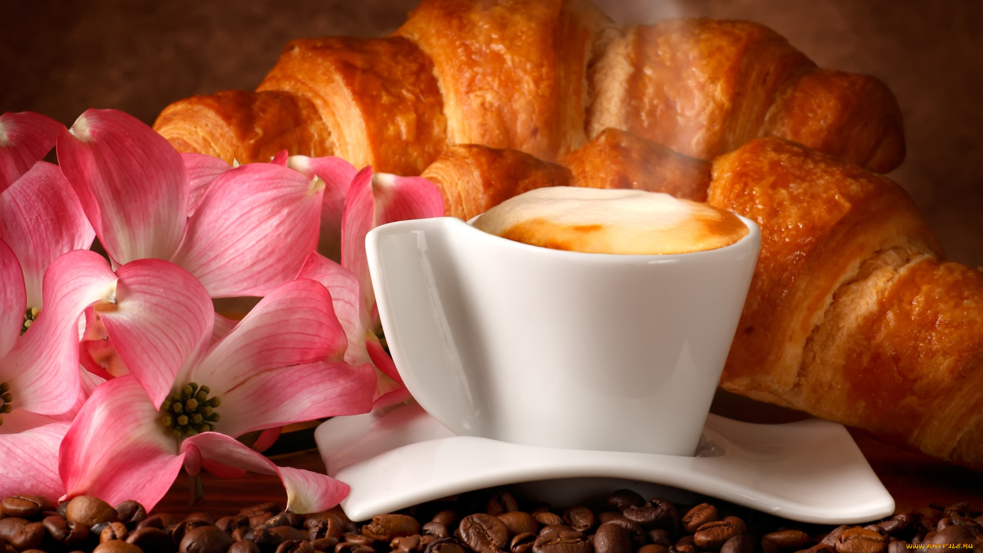 еда, кофе, , кофейные, зёрна, круассан, чашка