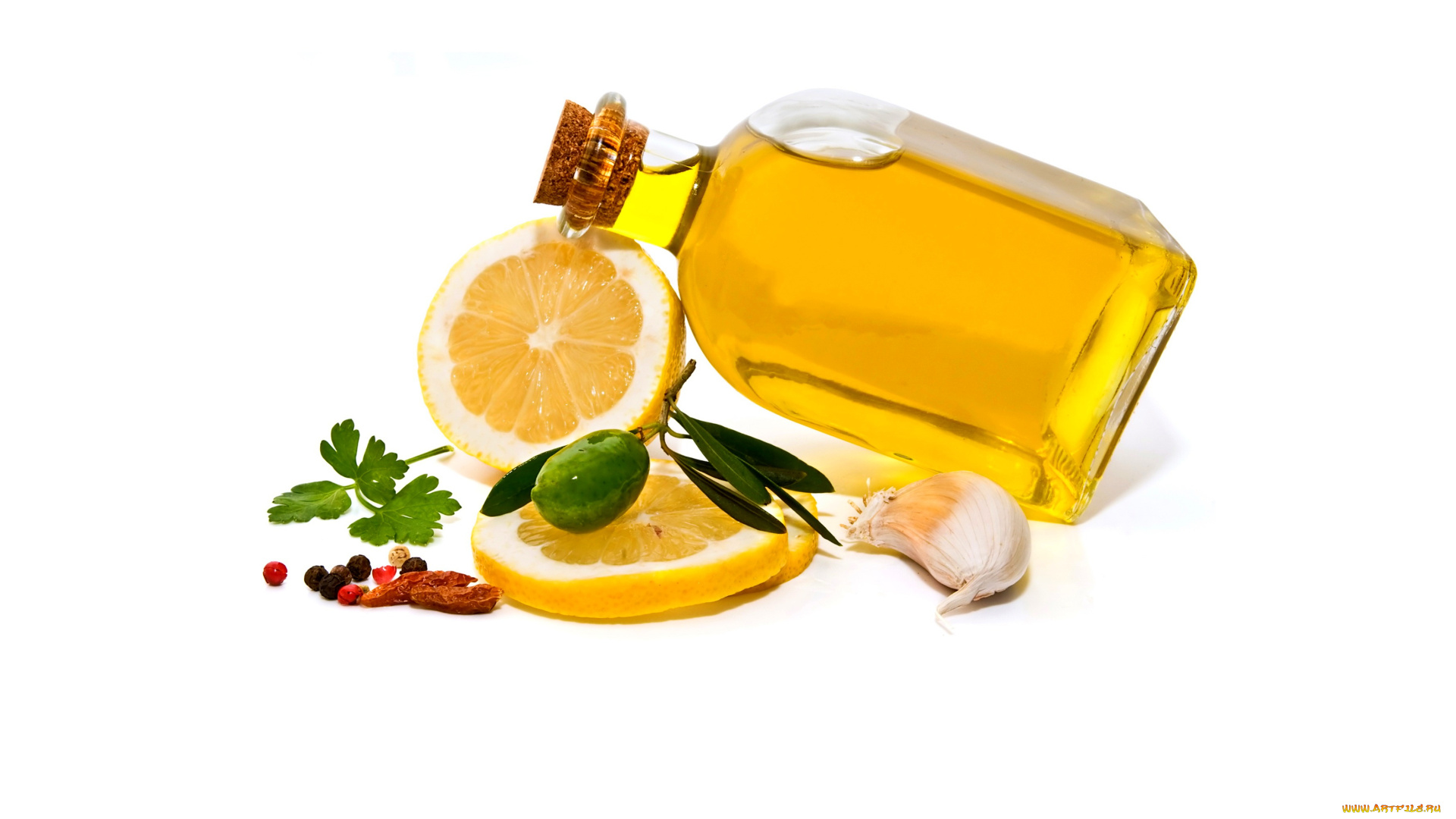 еда, разное, бутылка, белый, фон, оливки, оливковое, масло, листья, дольки, лимона