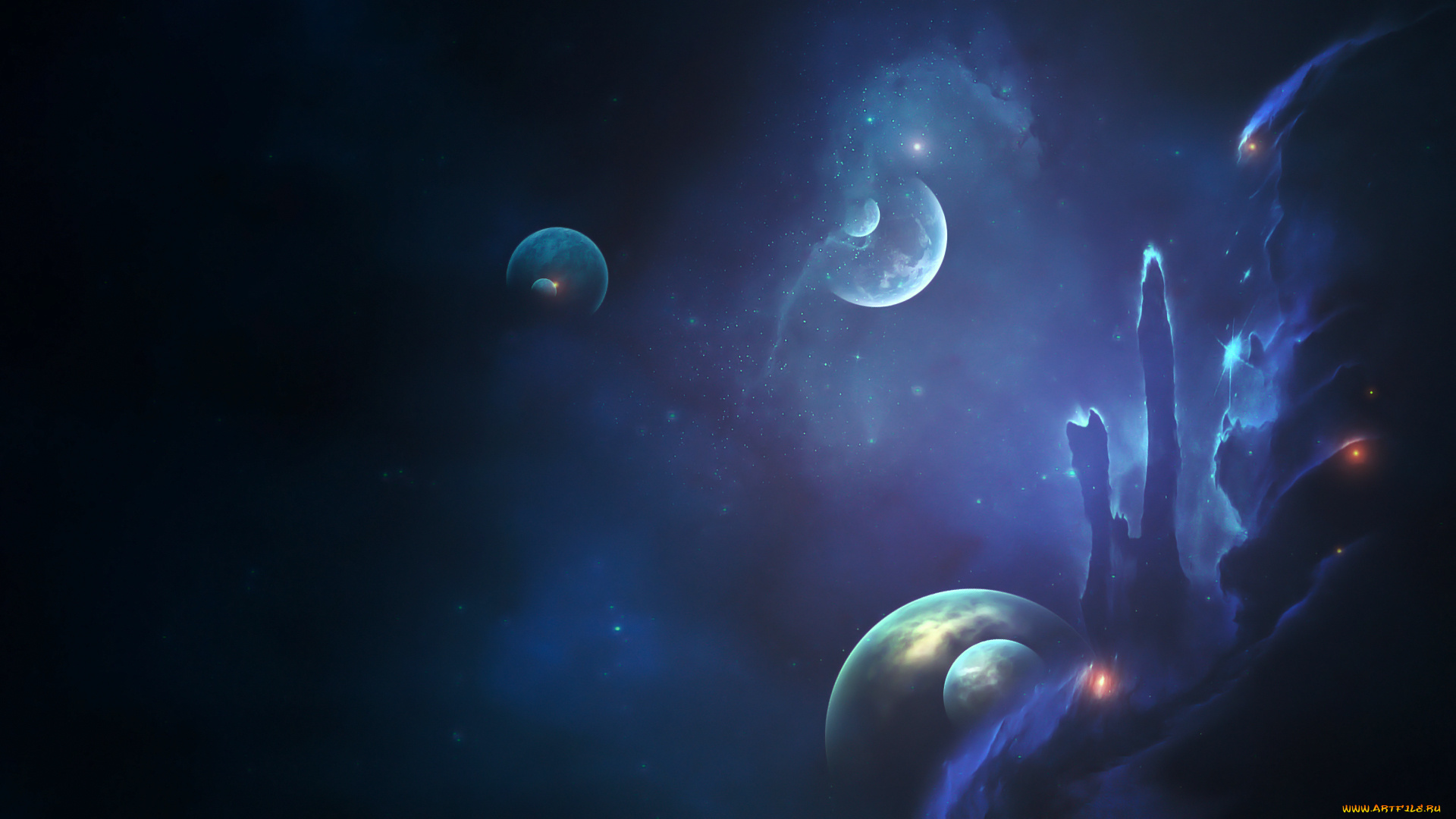 космос, арт, планеты, туманность, звёзды