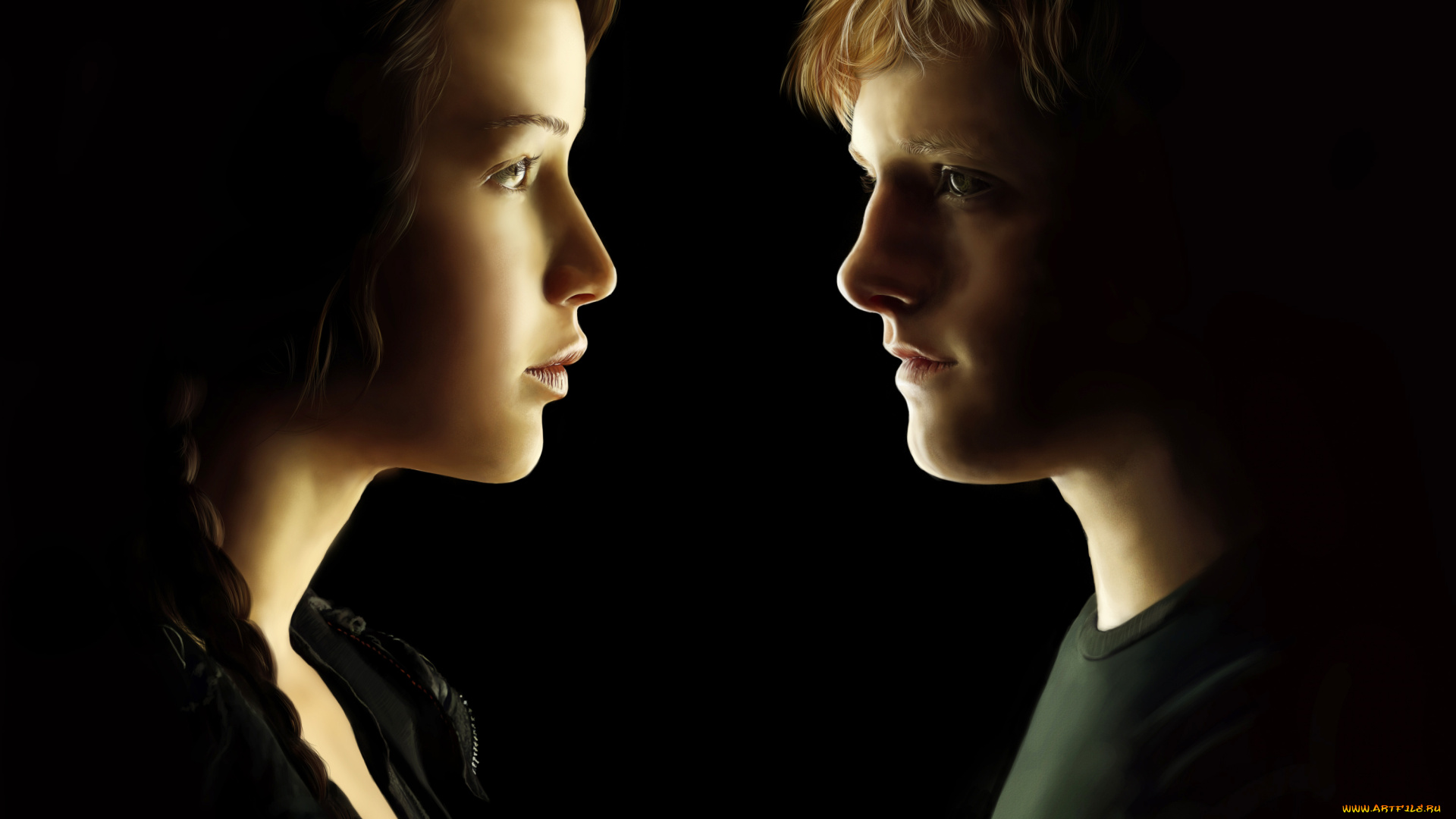 рисованные, люди, профиль, взгляд, чёрный, фон, девушка, парень