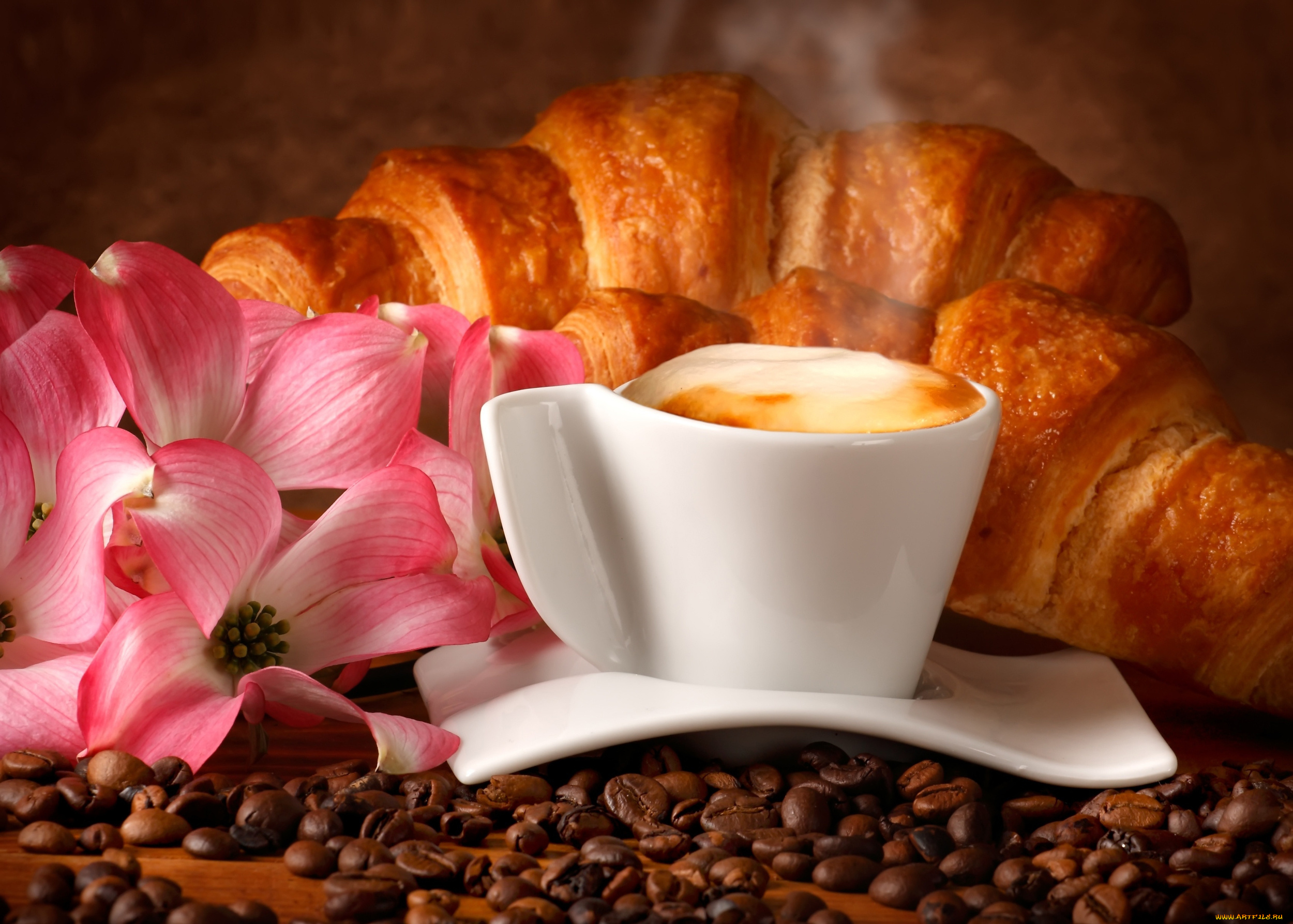 еда, кофе, , кофейные, зёрна, круассан, чашка