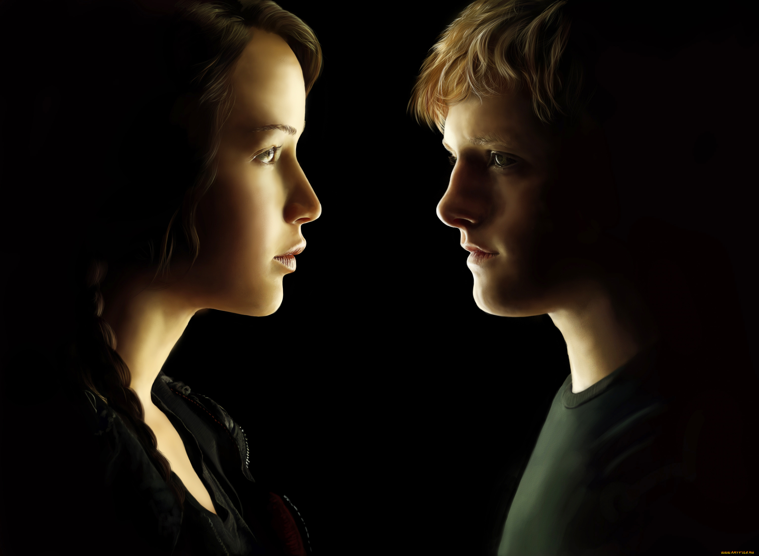 рисованные, люди, профиль, взгляд, чёрный, фон, девушка, парень
