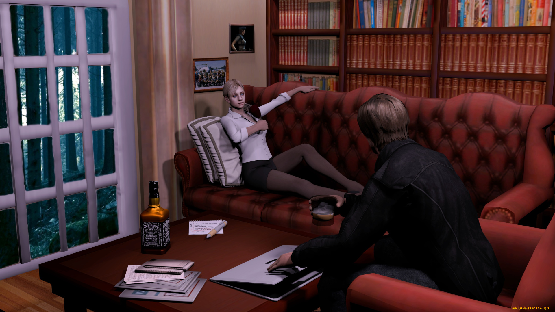 3д, графика, люди, , people, девушка, взгляд, фон, комната, мужчина, диван, стол, книги