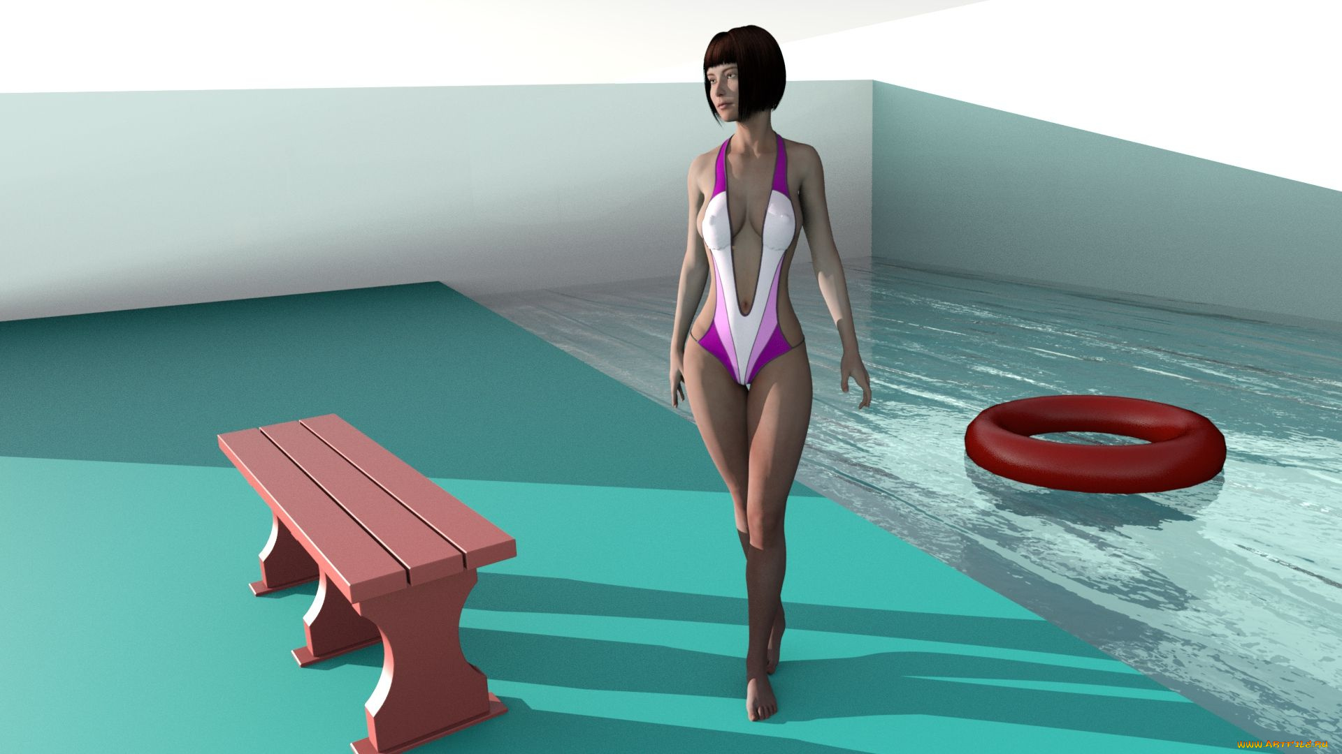 3д, графика, люди, , people, скамейка, круг, бассейн, фон, взгляд, девушка