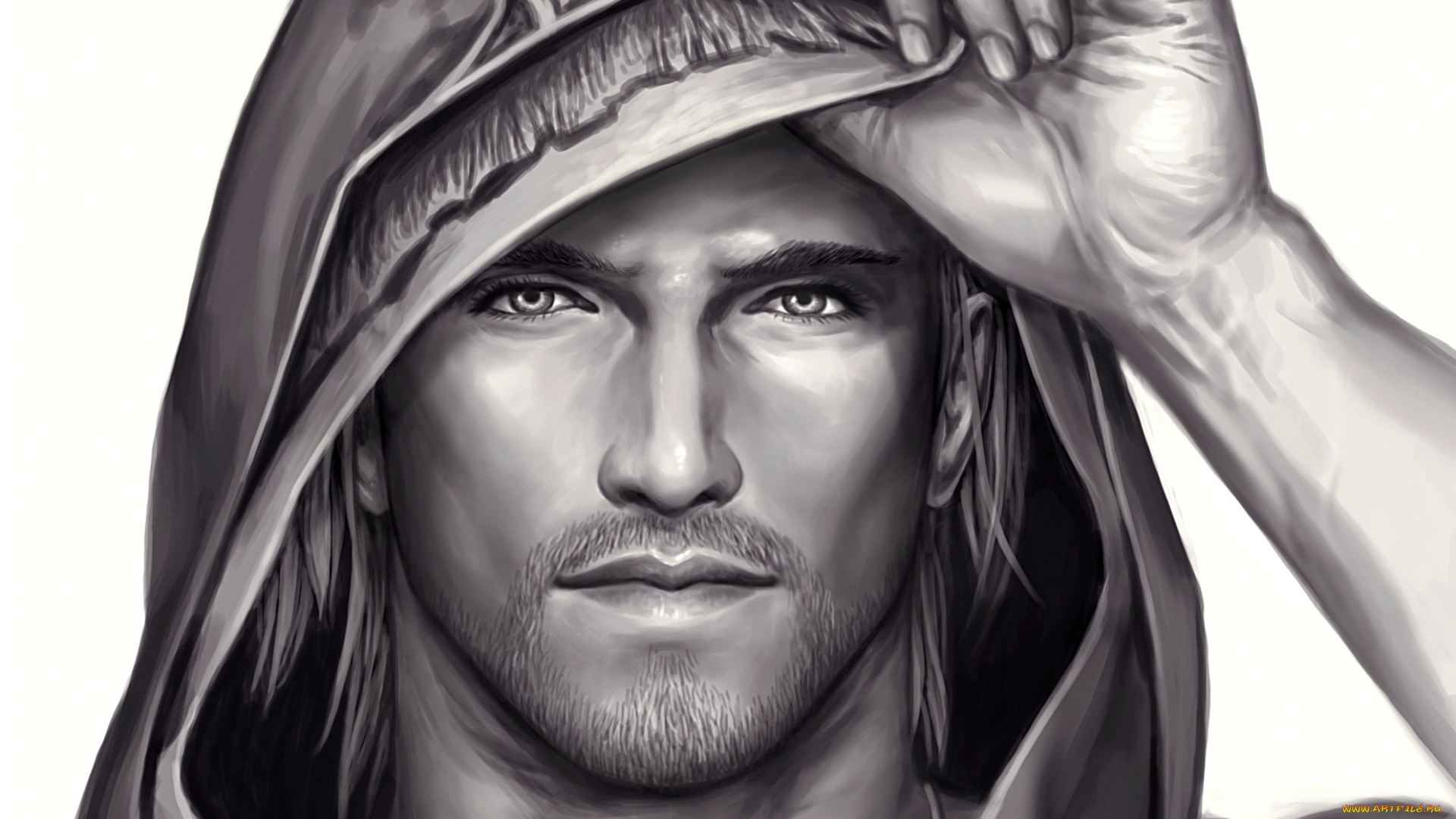 рисованное, люди, белый, фон, парень, капюшон, взгляд, рука