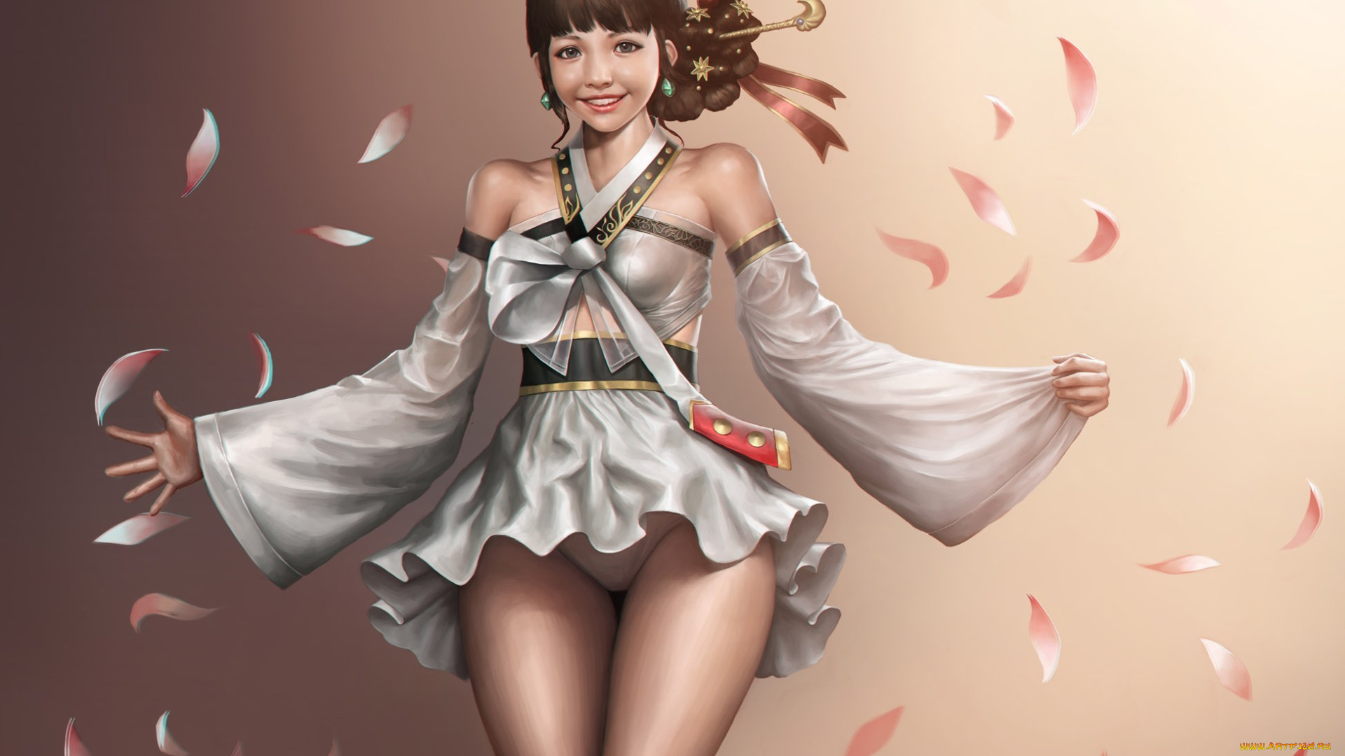 рисованное, люди, девушка, платье, лепестки, фон