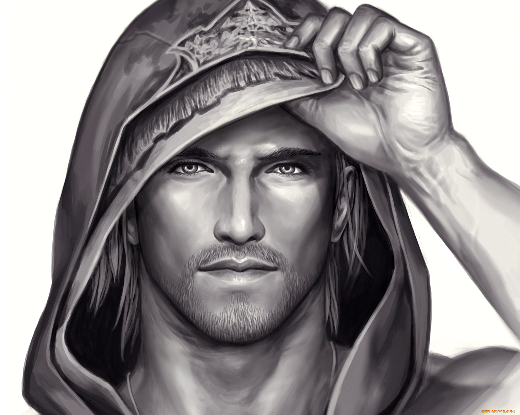 рисованное, люди, белый, фон, парень, капюшон, взгляд, рука