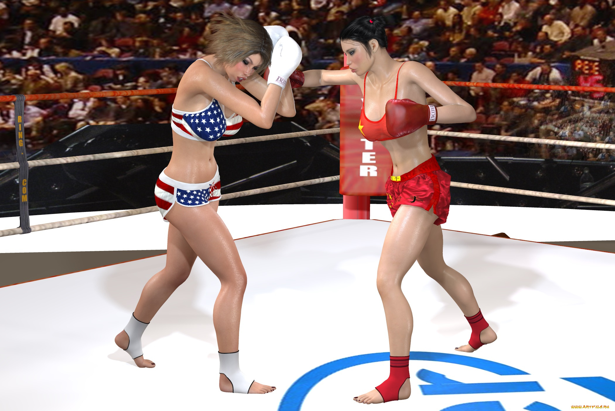 эротика, 3д-эротика, перчатки, бокс, ринг, девушки