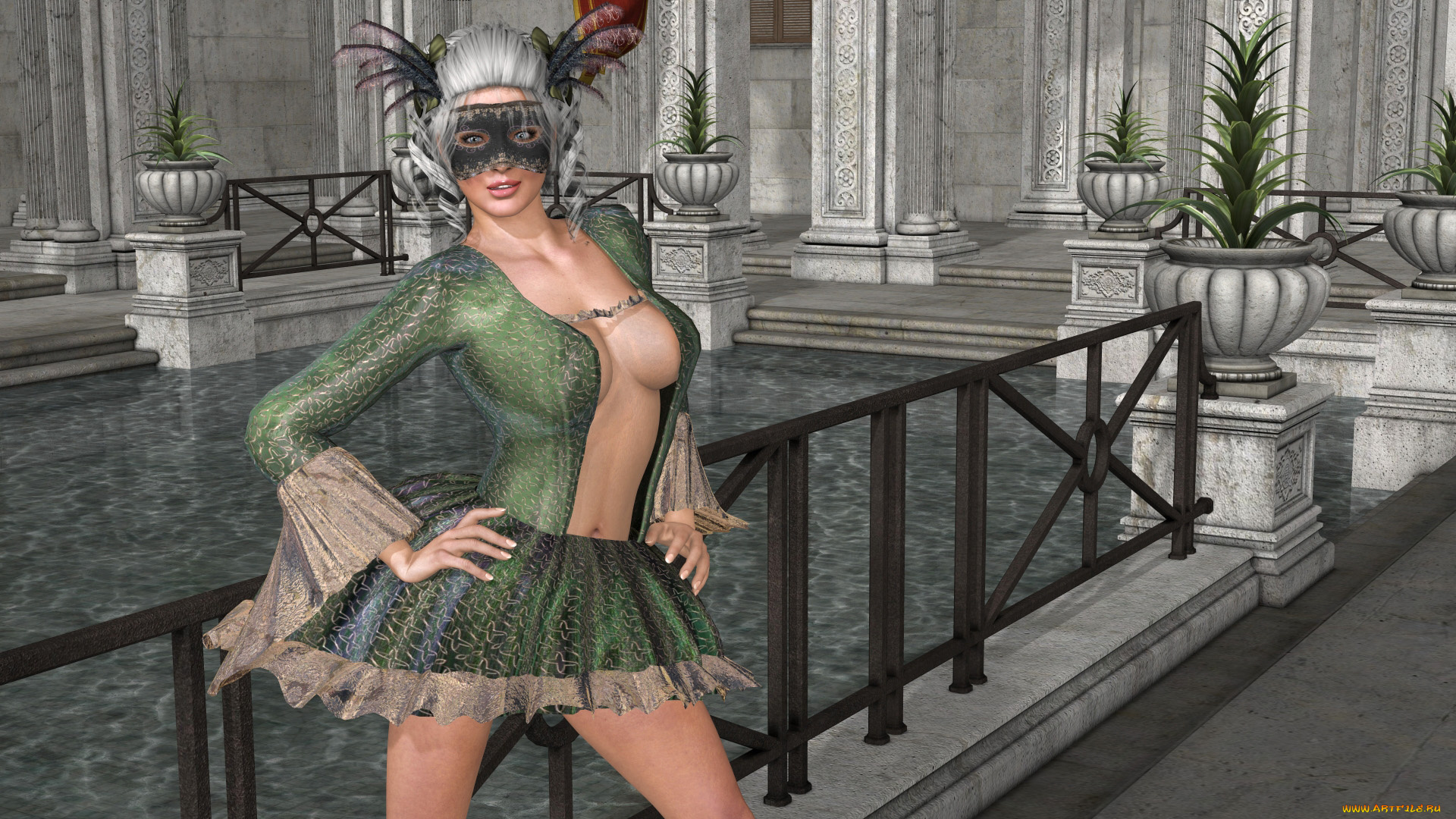 3д, графика, люди, , people, интерьер, бассейн, фон, взгляд, девушка, маска