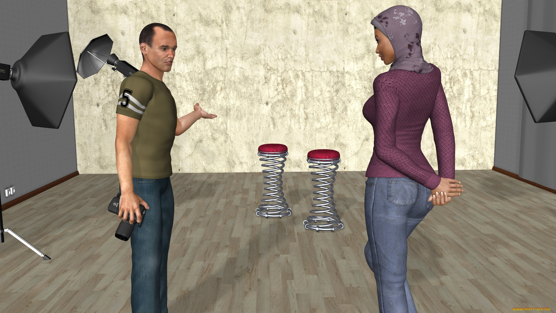 3д, графика, люди, , people, мусульманка, парень, интерьер, фон, взгляд, фотоссесия, фотокамера, девушка