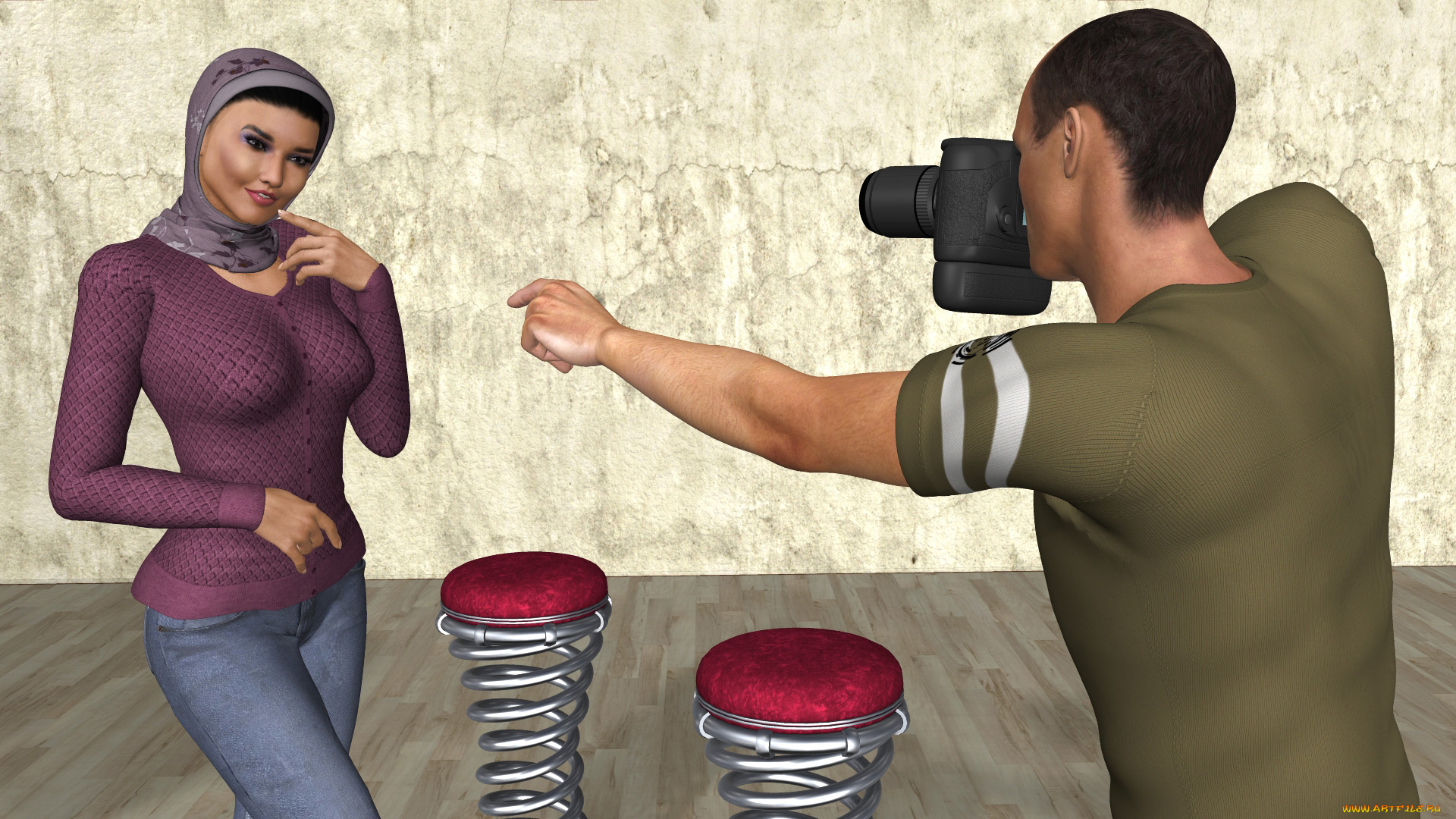 3д, графика, люди, , people, взгляд, девушка, интерьер, фотоссесия, фотокамера, мусульманка, парень, фон