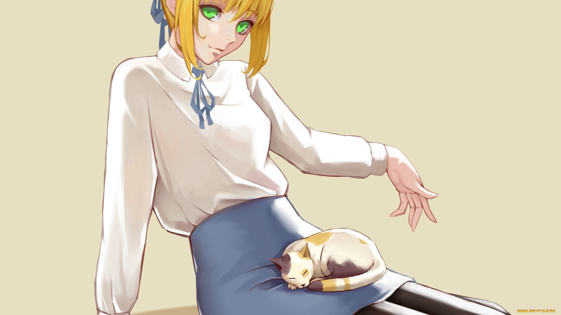 аниме, fate, stay, night, девушка, взгляд, фон, кот