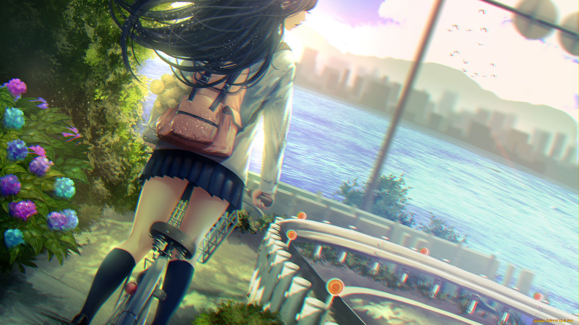 аниме, город, , улицы, , здания, арт, девушка