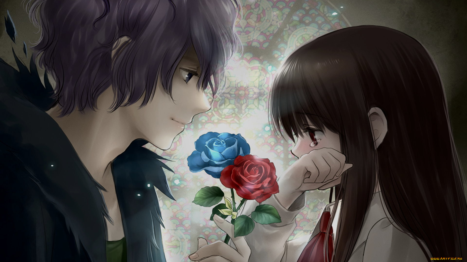 аниме, ib, розы, парень, девушка