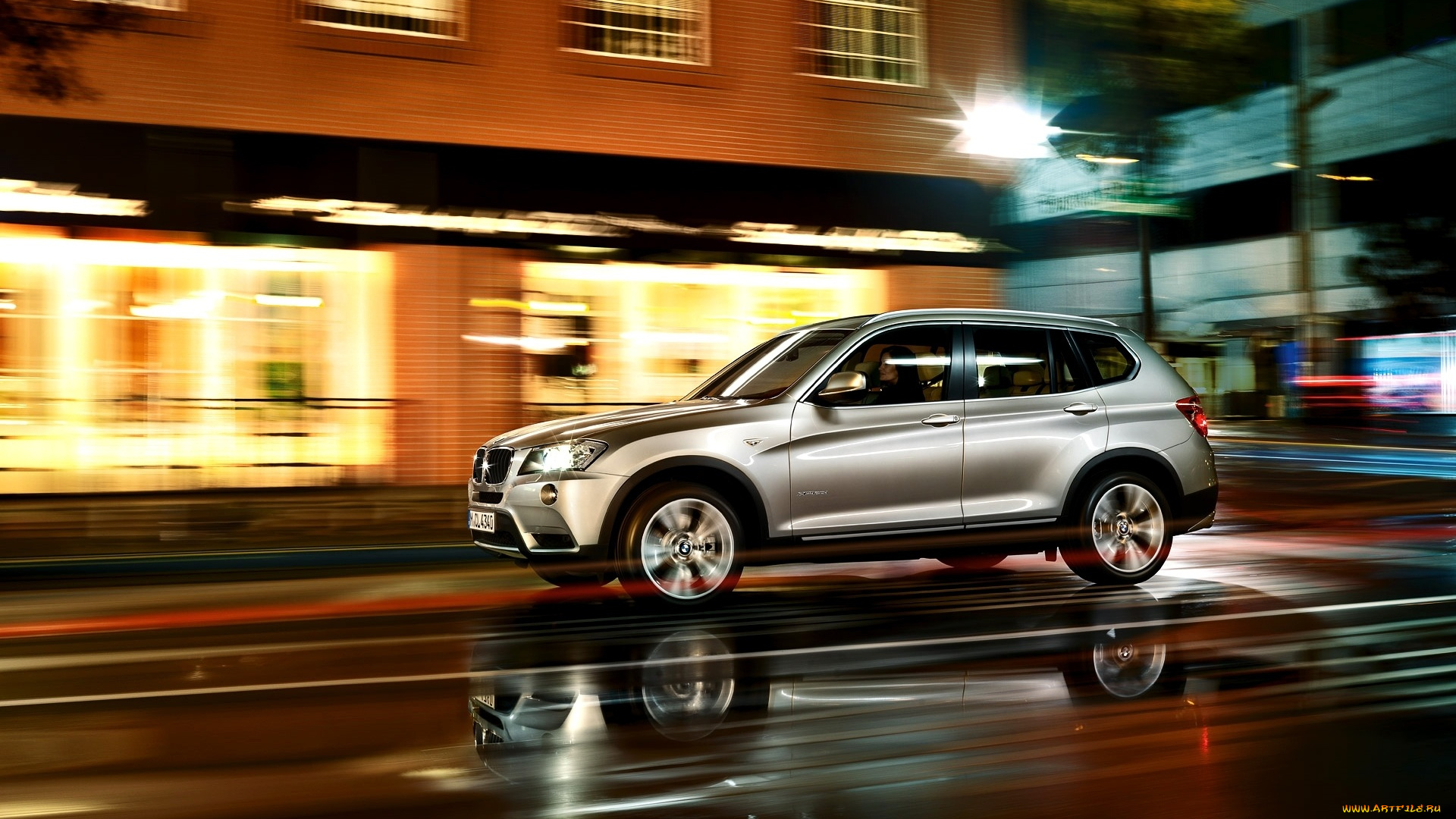 автомобили, bmw, улица, город, серебристый, огни, ночь, скорость, x3, бмв